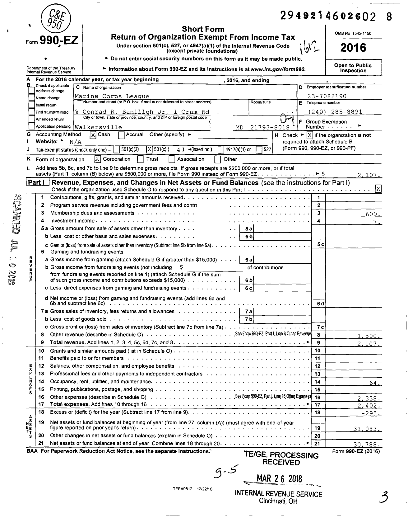 Image of first page of 2016 Form 990EO for Marine Corps League