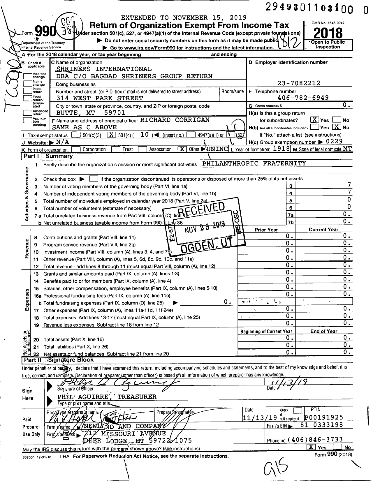 Image of first page of 2018 Form 990O for Shriners International