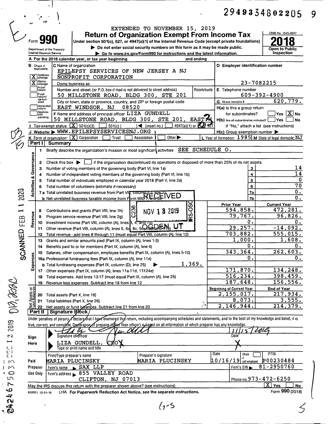 Image of first page of 2018 Form 990 for Epilepsy Services of New Jersey A NJ Nonprofit Corporation