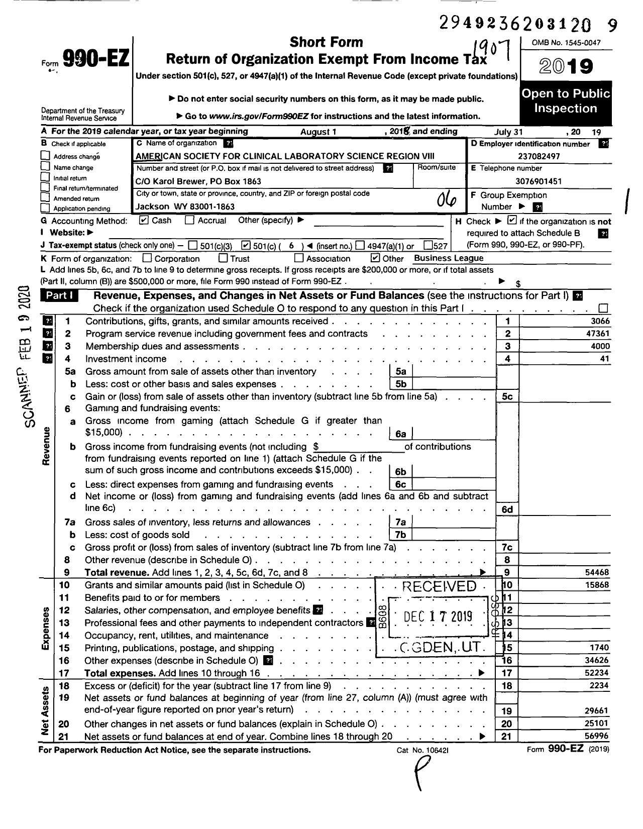 Image of first page of 2018 Form 990EO for American Society for Clinical Lab Science Reg VIII