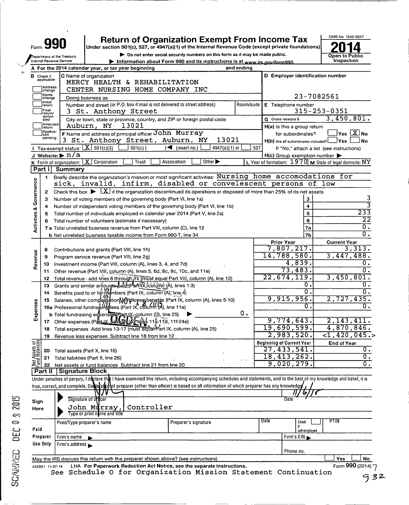 Image of first page of 2014 Form 990 for Mercy Health and Rehabilitation Center Nursing Home Company