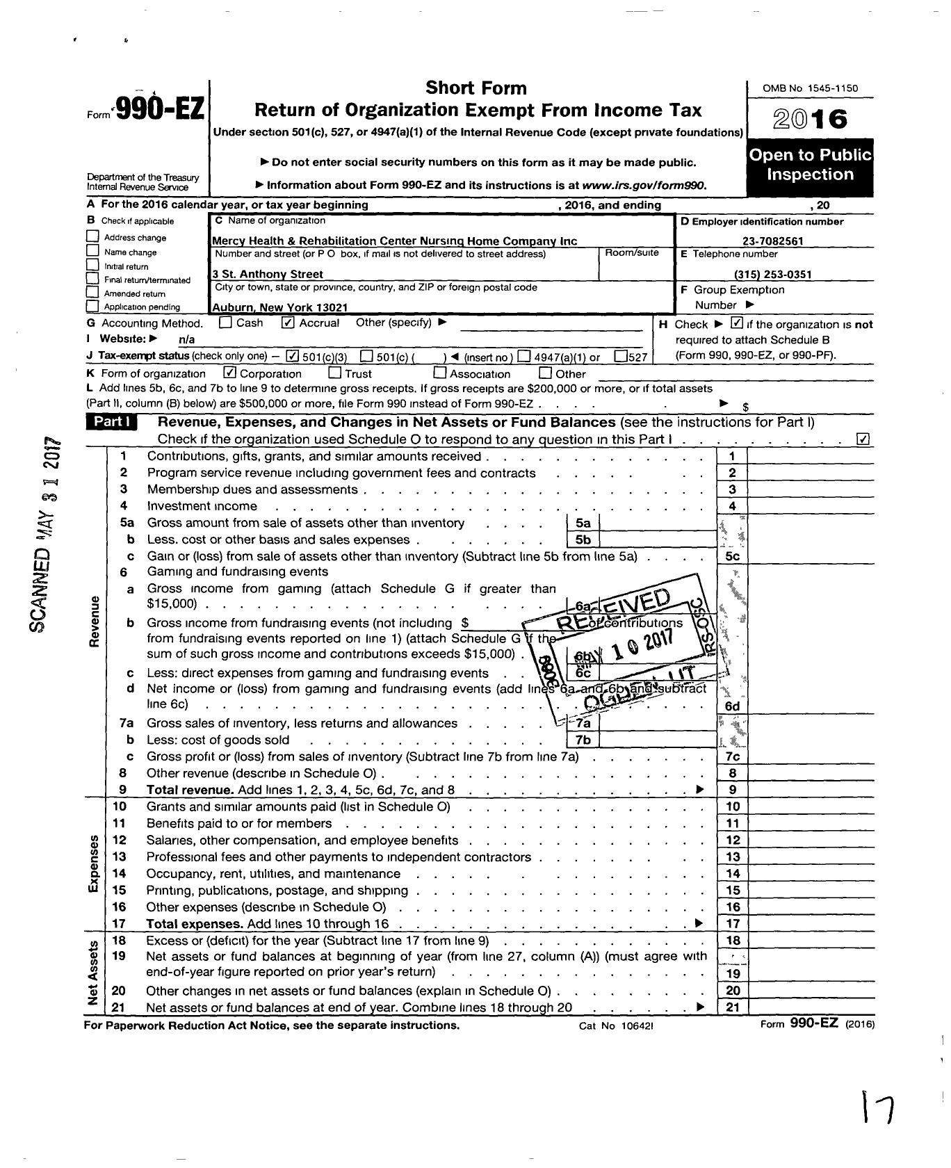 Image of first page of 2016 Form 990EZ for Mercy Health and Rehabilitation Center Nursing Home Company