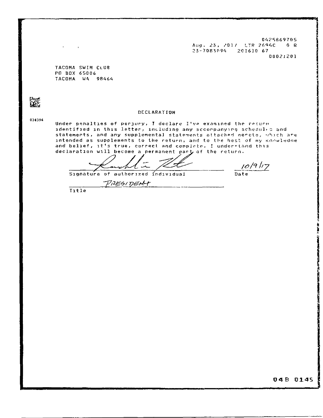 Image of first page of 2015 Form 990R for Tacoma Swim Club