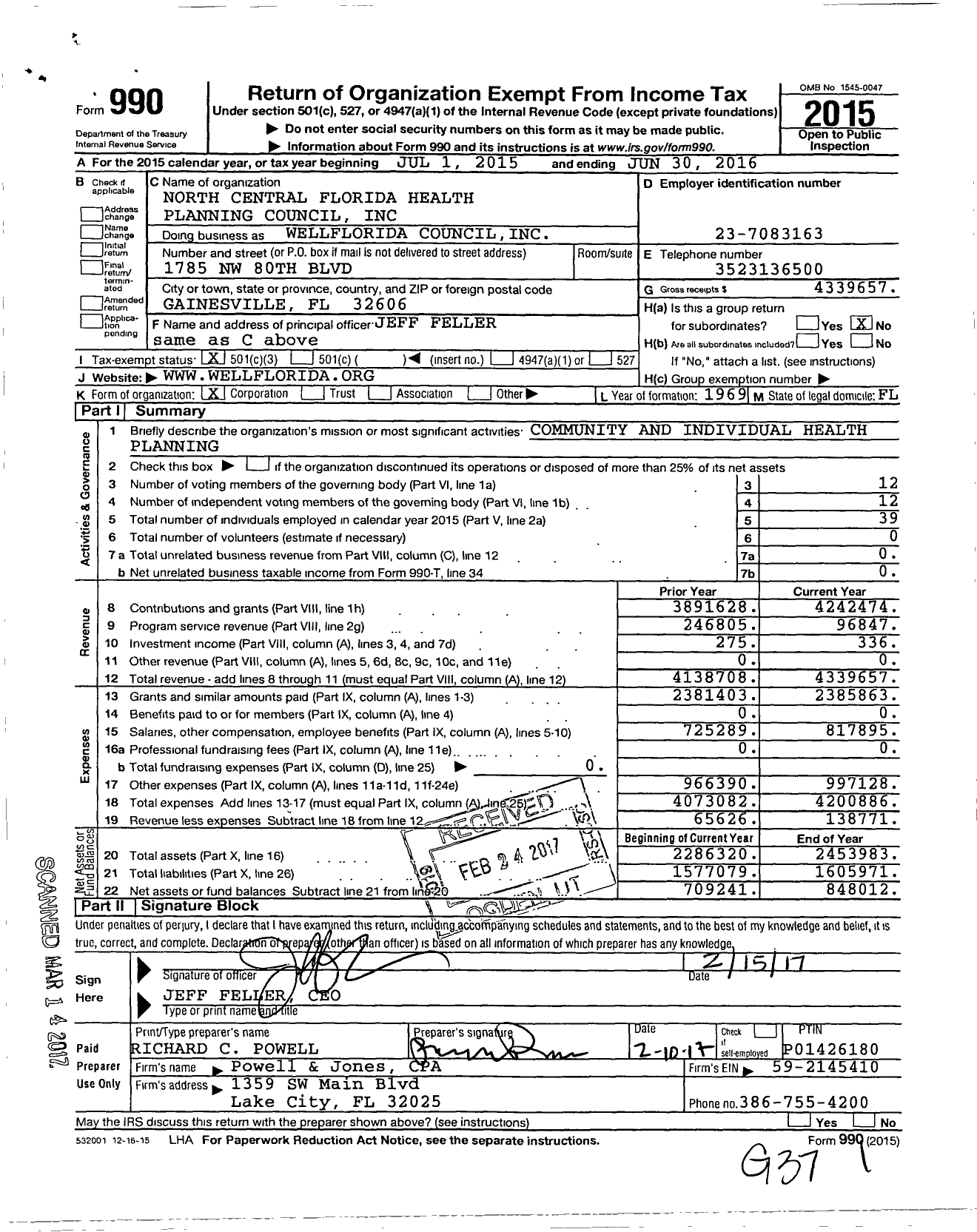 Image of first page of 2015 Form 990 for North Central Florida Health Planning Council