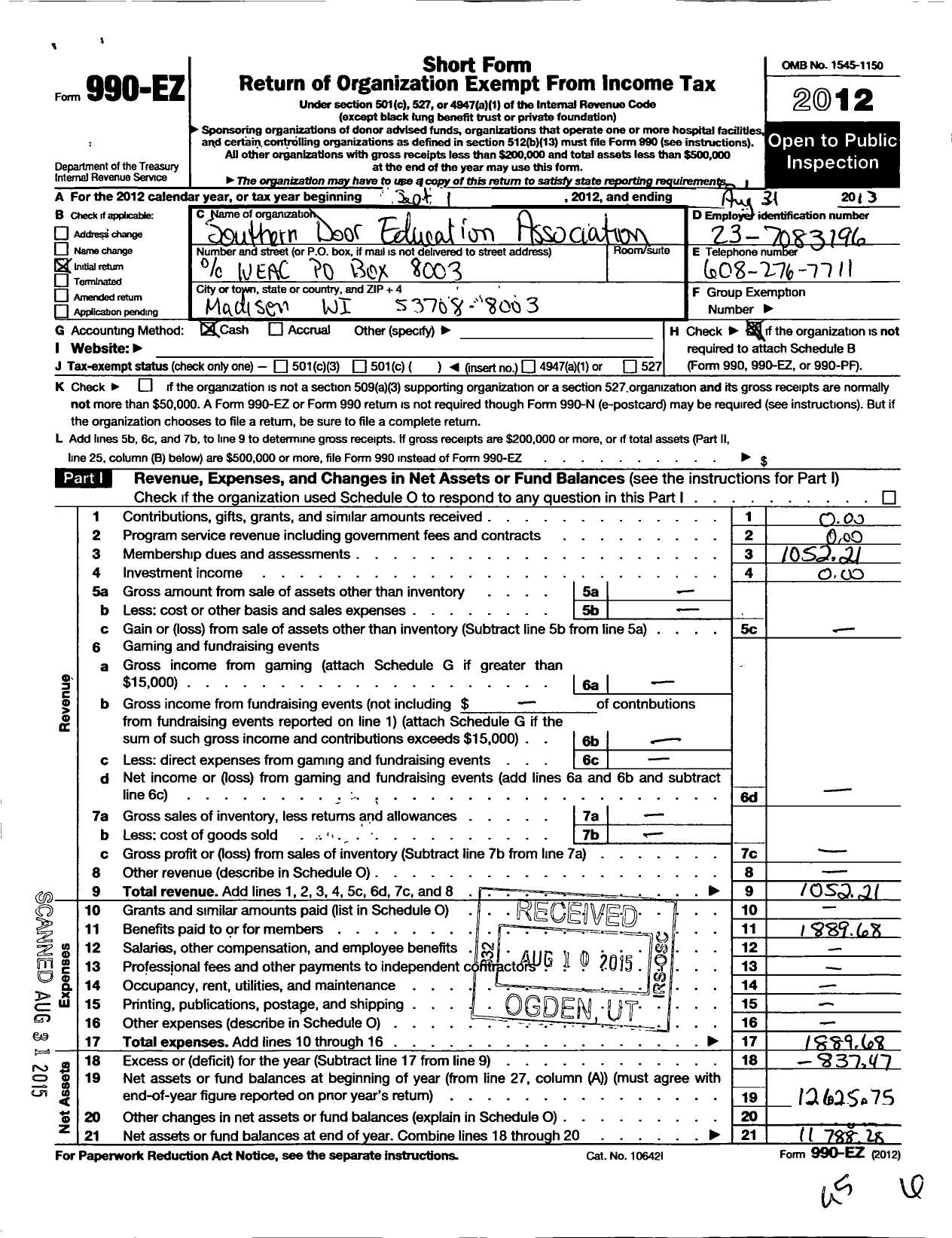 Image of first page of 2012 Form 990EO for Southern Door Education Association