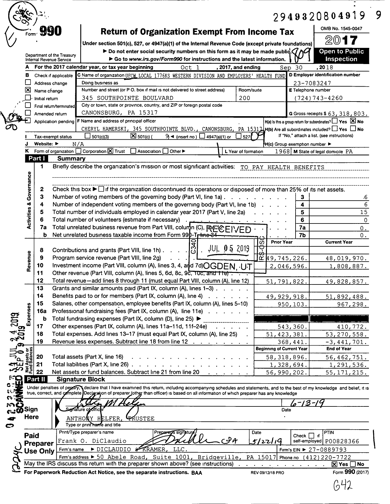 Image of first page of 2017 Form 990O for Ufcw Local 1776ks Western Division and Employers' Health Fund