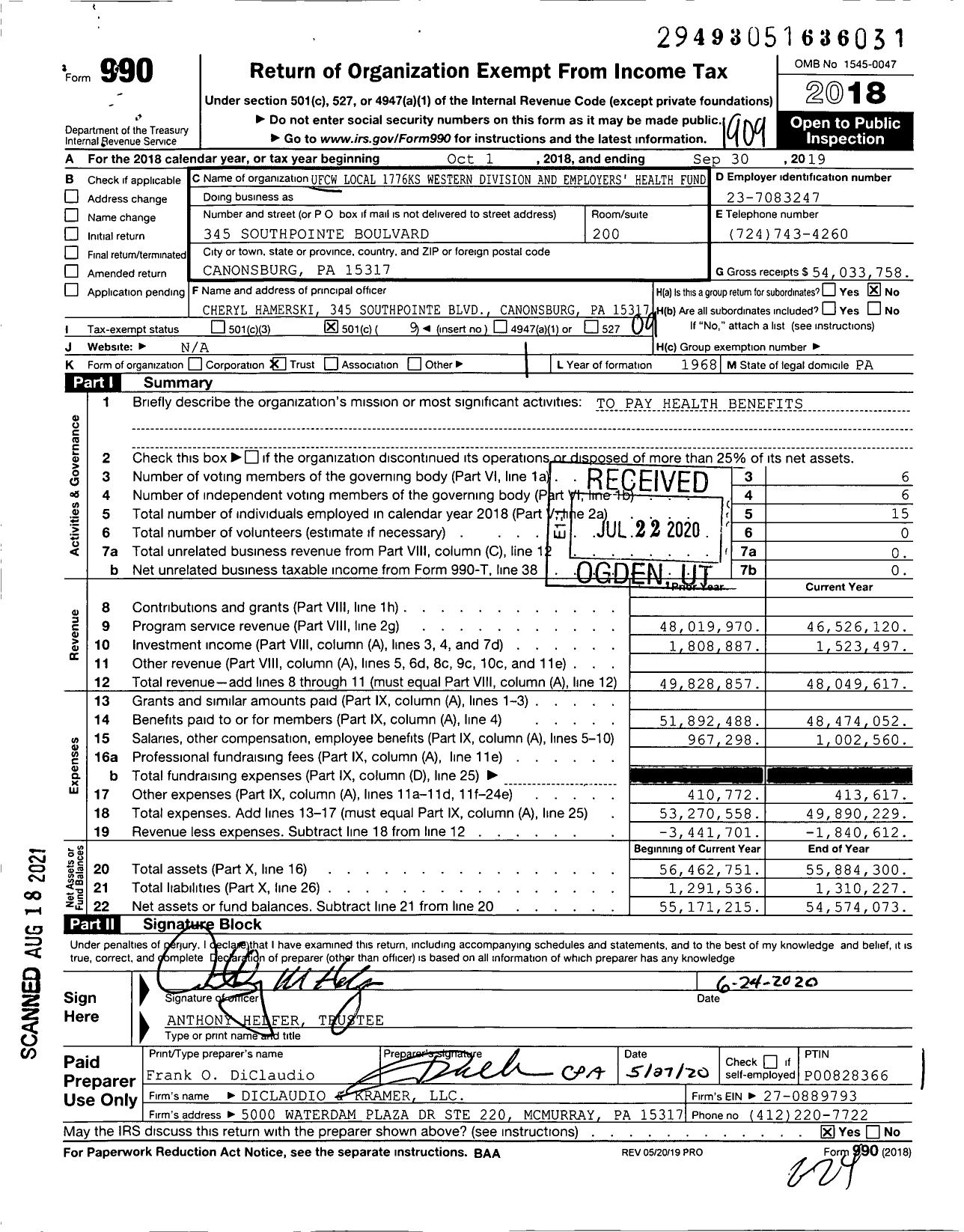 Image of first page of 2018 Form 990O for Ufcw Local 1776ks Western Division and Employers' Health Fund