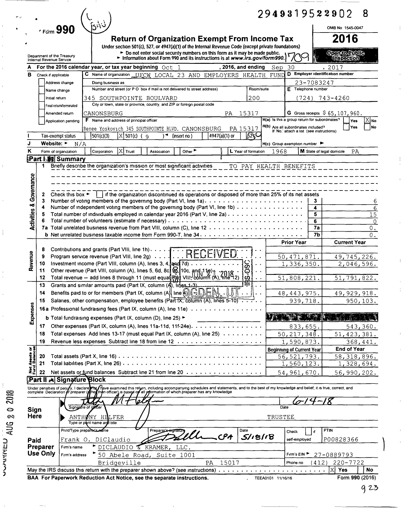 Image of first page of 2016 Form 990O for Ufcw Local 1776ks Western Division and Employers' Health Fund