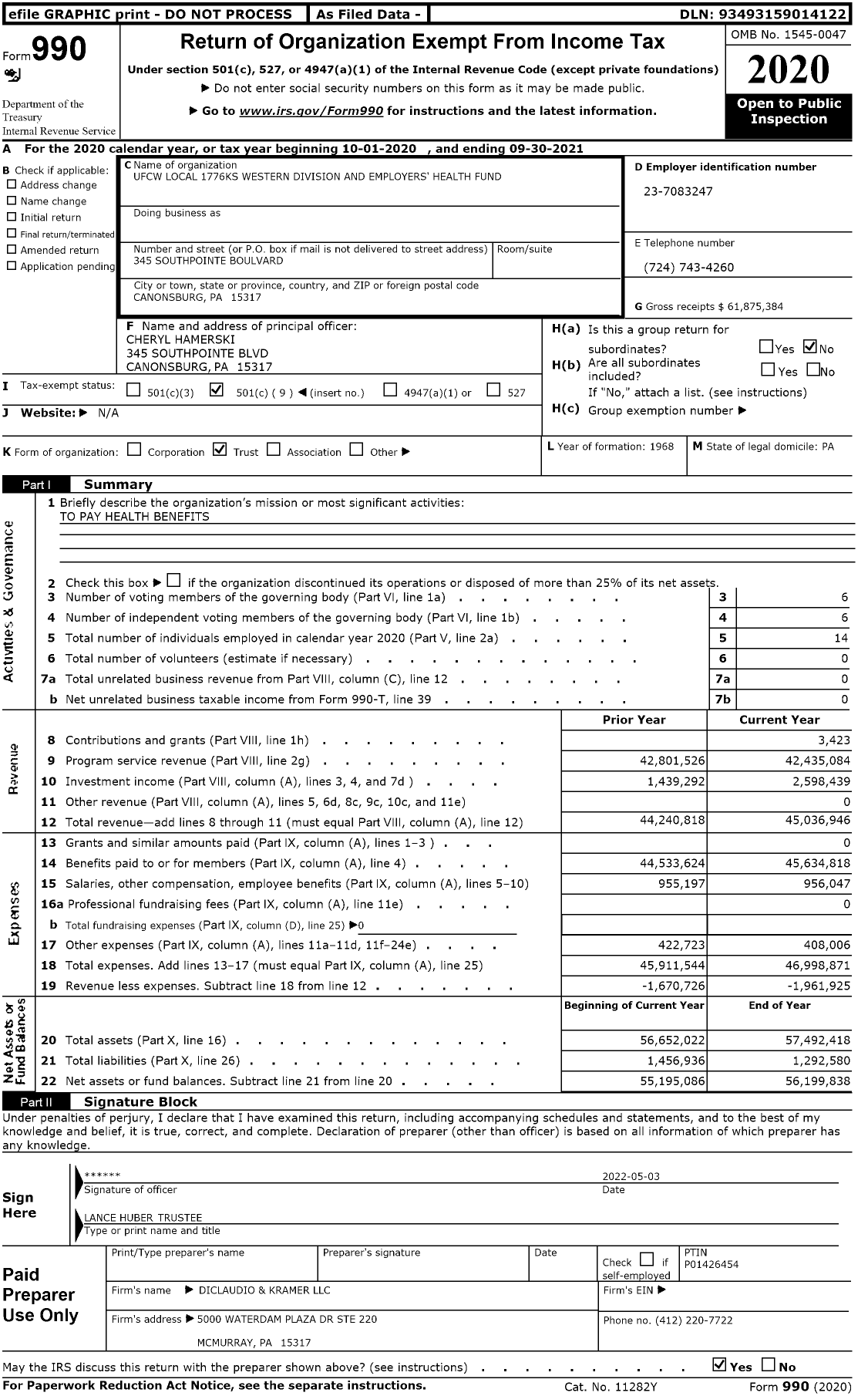 Image of first page of 2020 Form 990O for Ufcw Local 1776ks Western Division and Employers' Health Fund