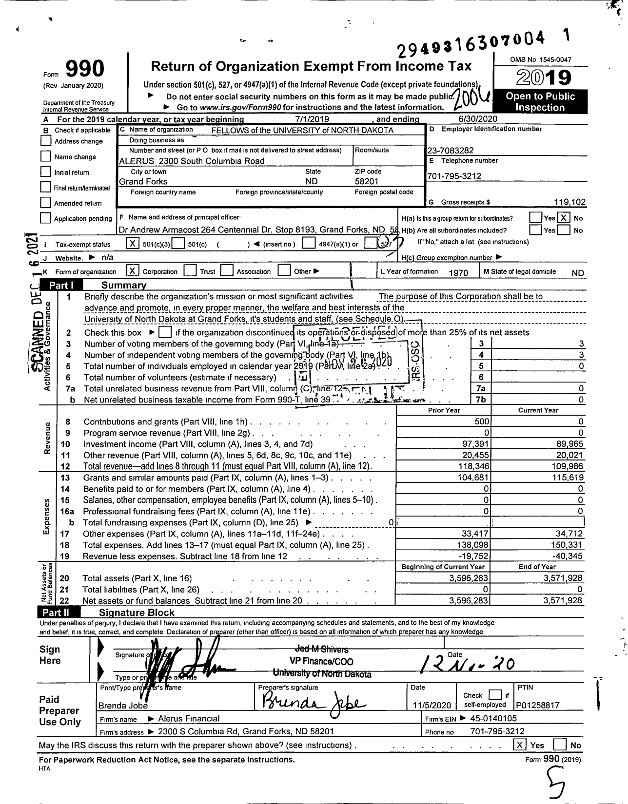 Image of first page of 2019 Form 990 for Fellows of the University of North Dakota