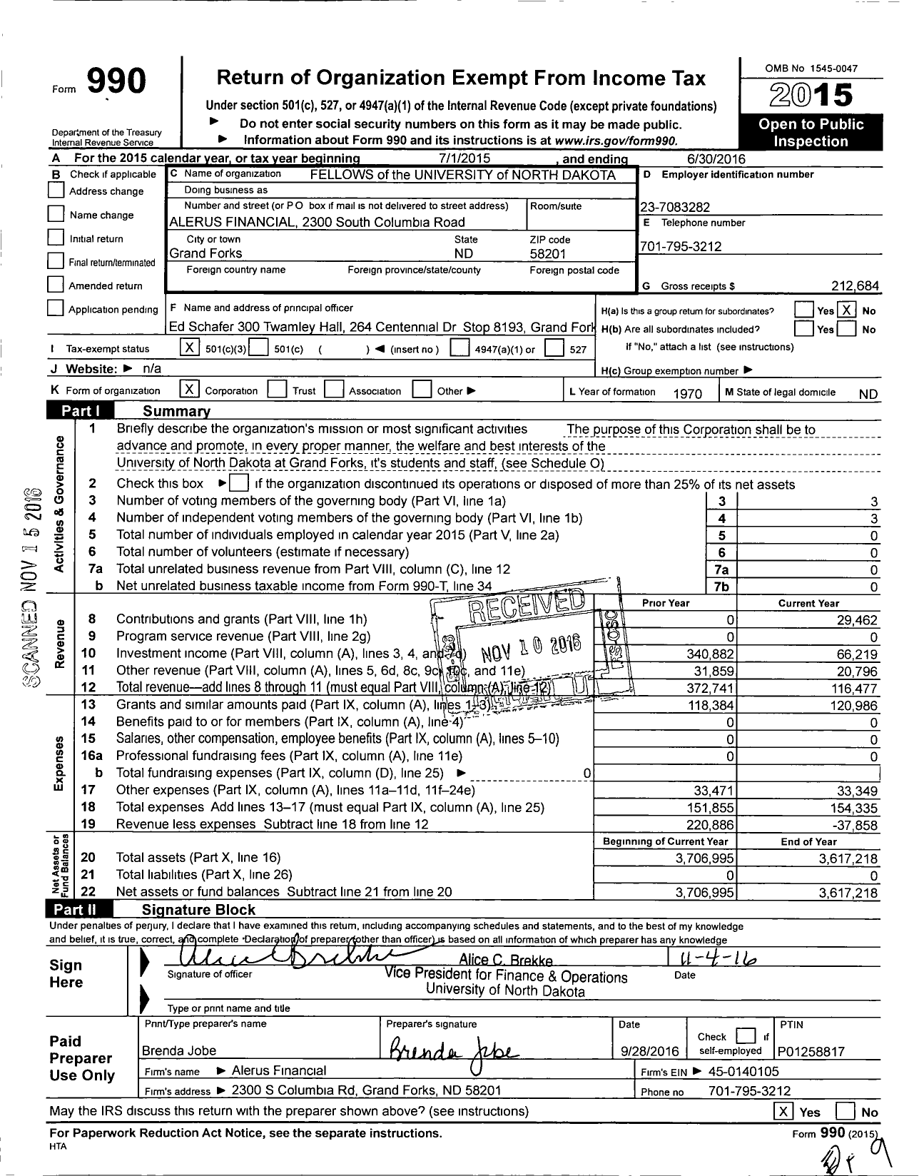 Image of first page of 2015 Form 990 for Fellows of the University of North Dakota