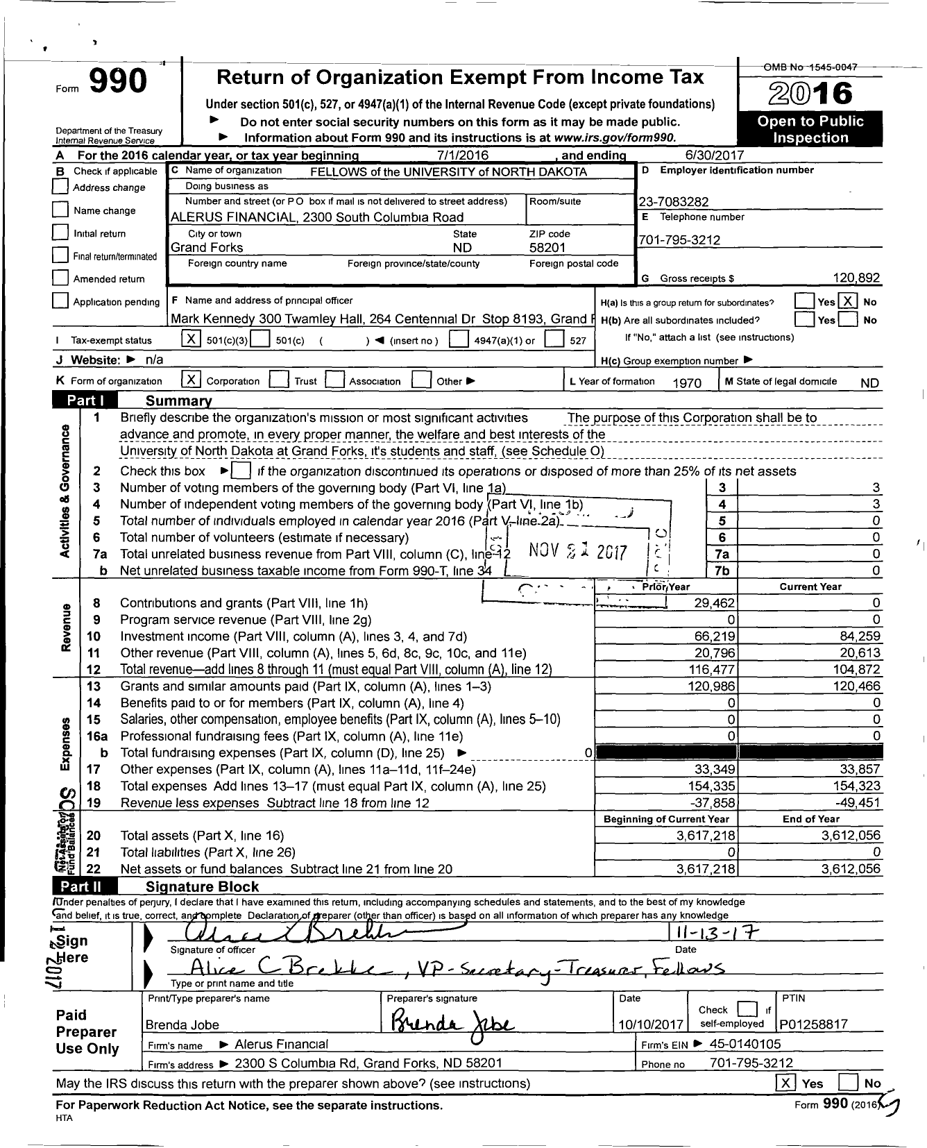 Image of first page of 2016 Form 990 for Fellows of the University of North Dakota