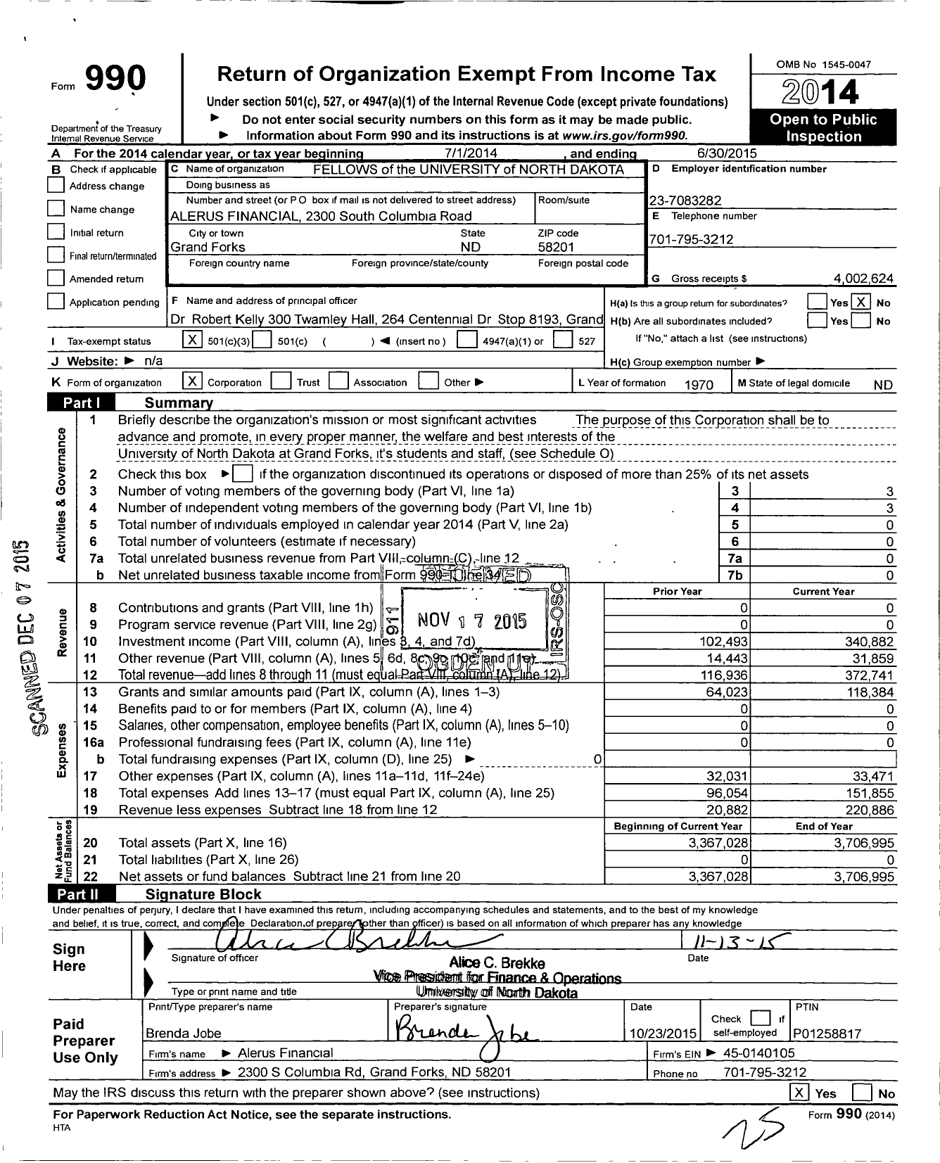 Image of first page of 2014 Form 990 for Fellows of the University of North Dakota