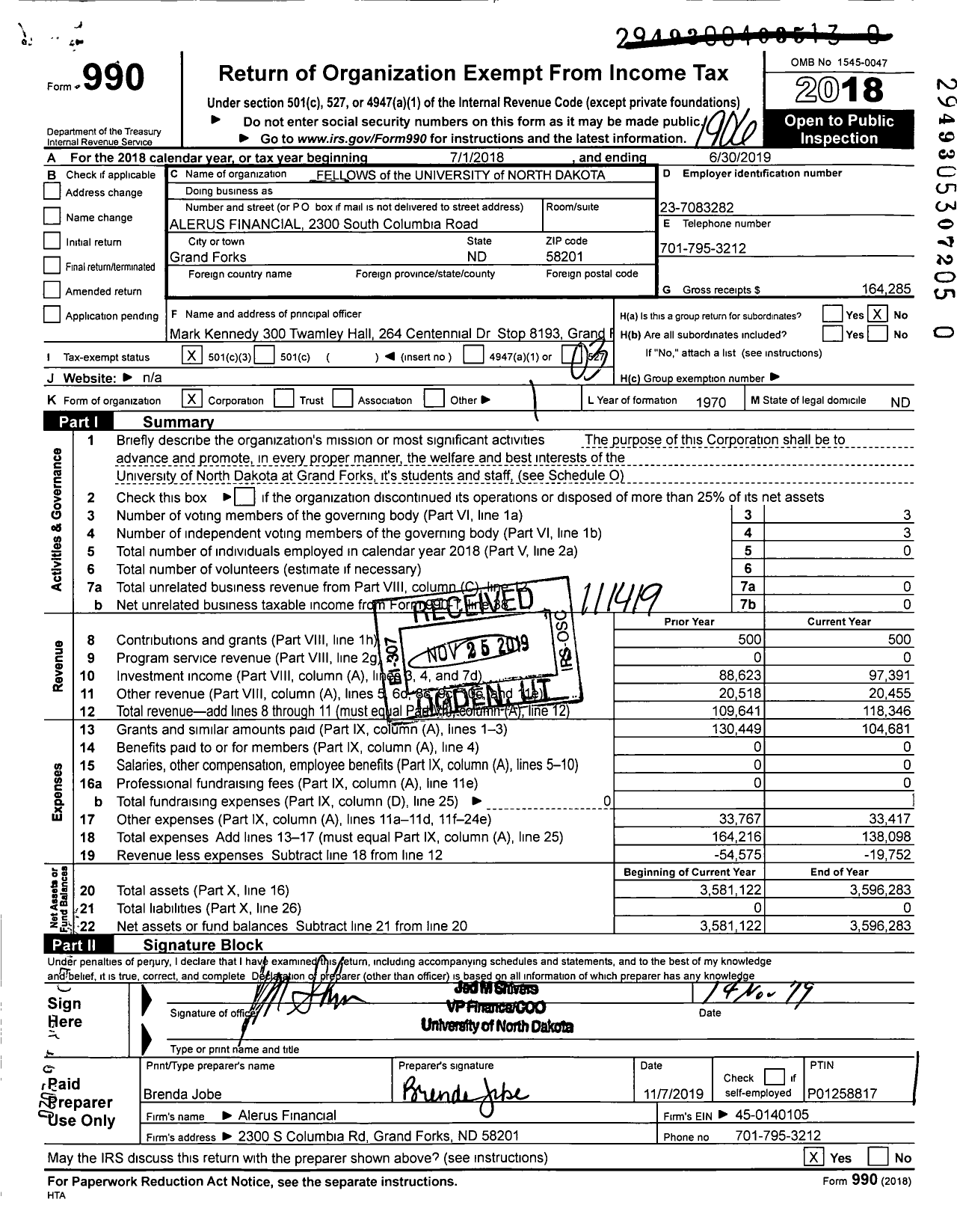 Image of first page of 2018 Form 990 for Fellows of the University of North Dakota