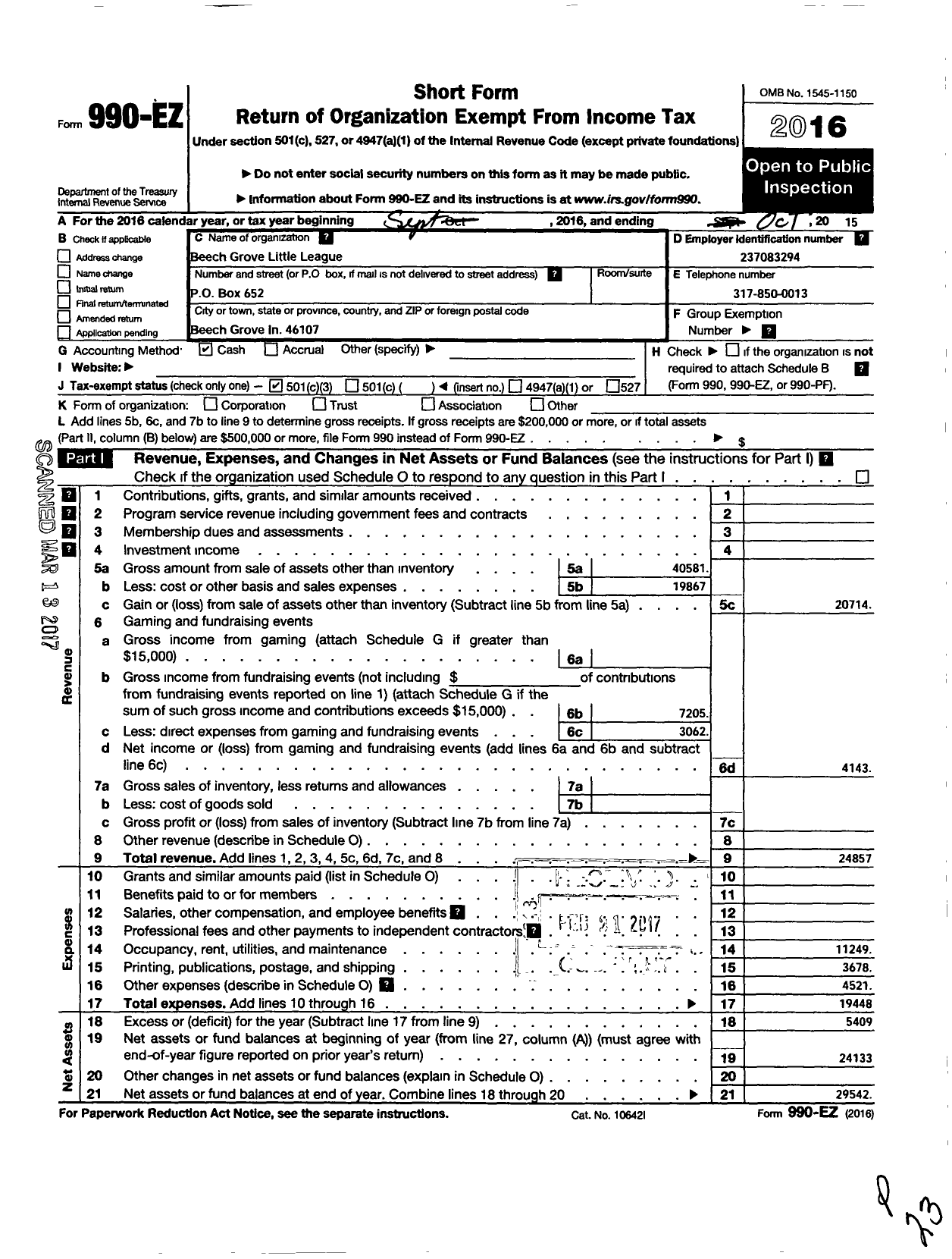 Image of first page of 2015 Form 990EZ for Little League Baseball - 1140701 Beech Grove LL