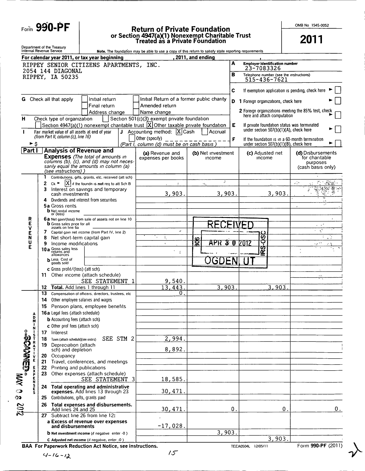 Image of first page of 2011 Form 990PF for Rippey Senior Citizens Apartments