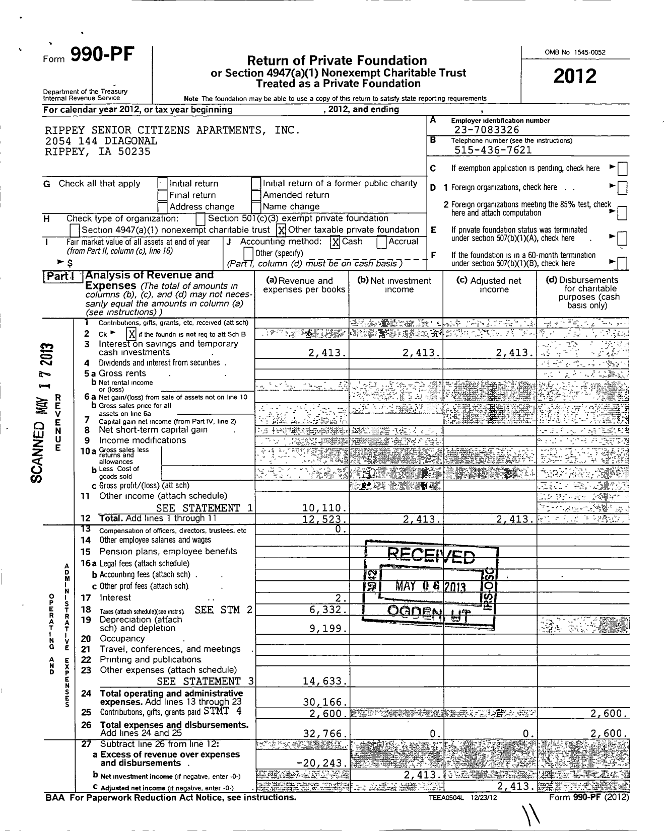 Image of first page of 2012 Form 990PF for Rippey Senior Citizens Apartments