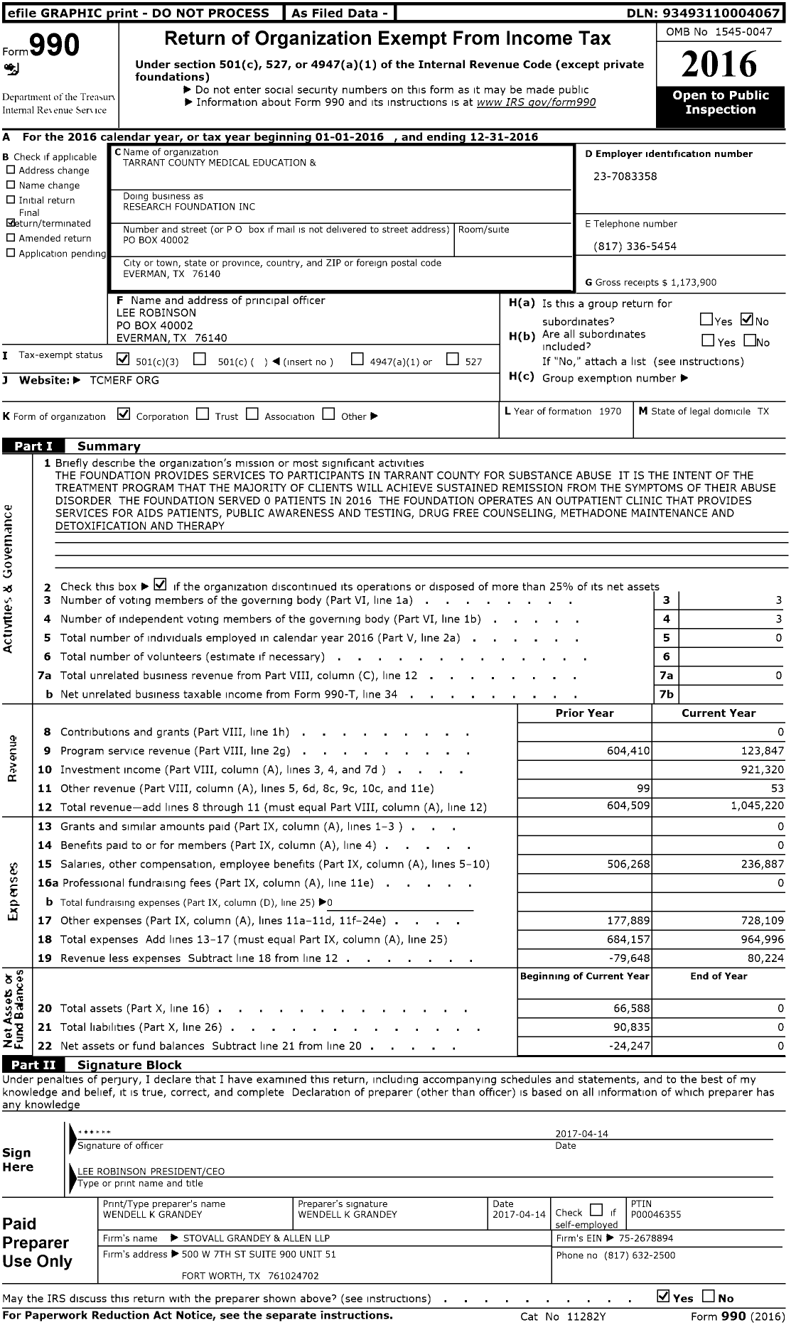 Image of first page of 2016 Form 990 for Research Foundation