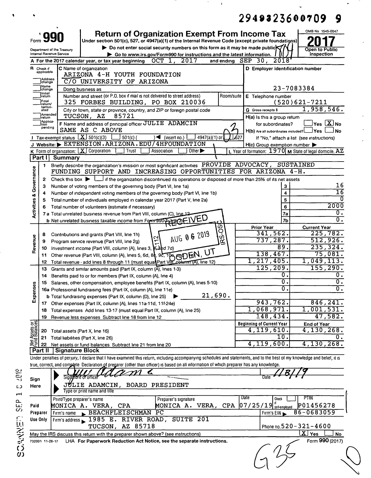 Image of first page of 2017 Form 990 for Arizona 4-H Youth Foundation