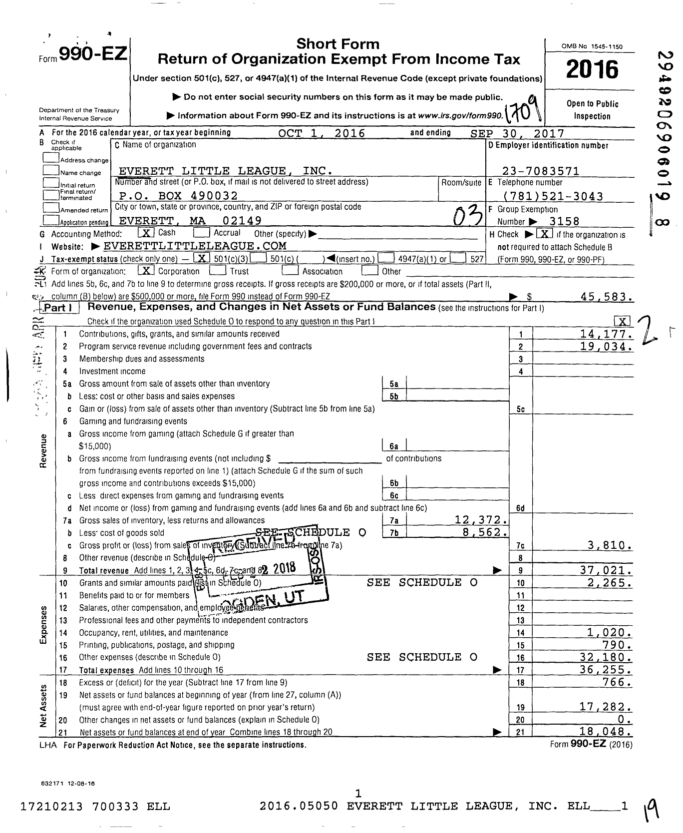 Image of first page of 2016 Form 990EZ for Little League Baseball - 2211201 Everett LL