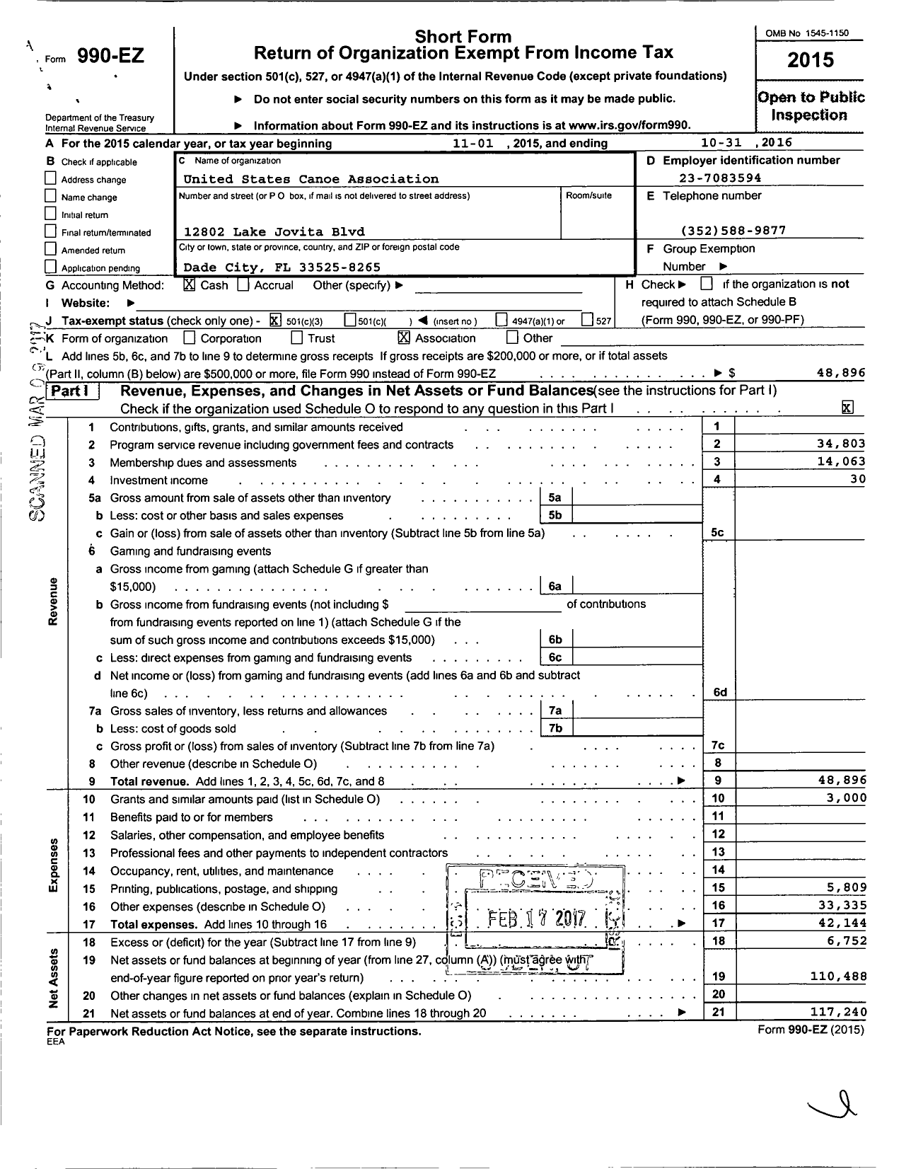 Image of first page of 2015 Form 990EZ for United States Canoe Association