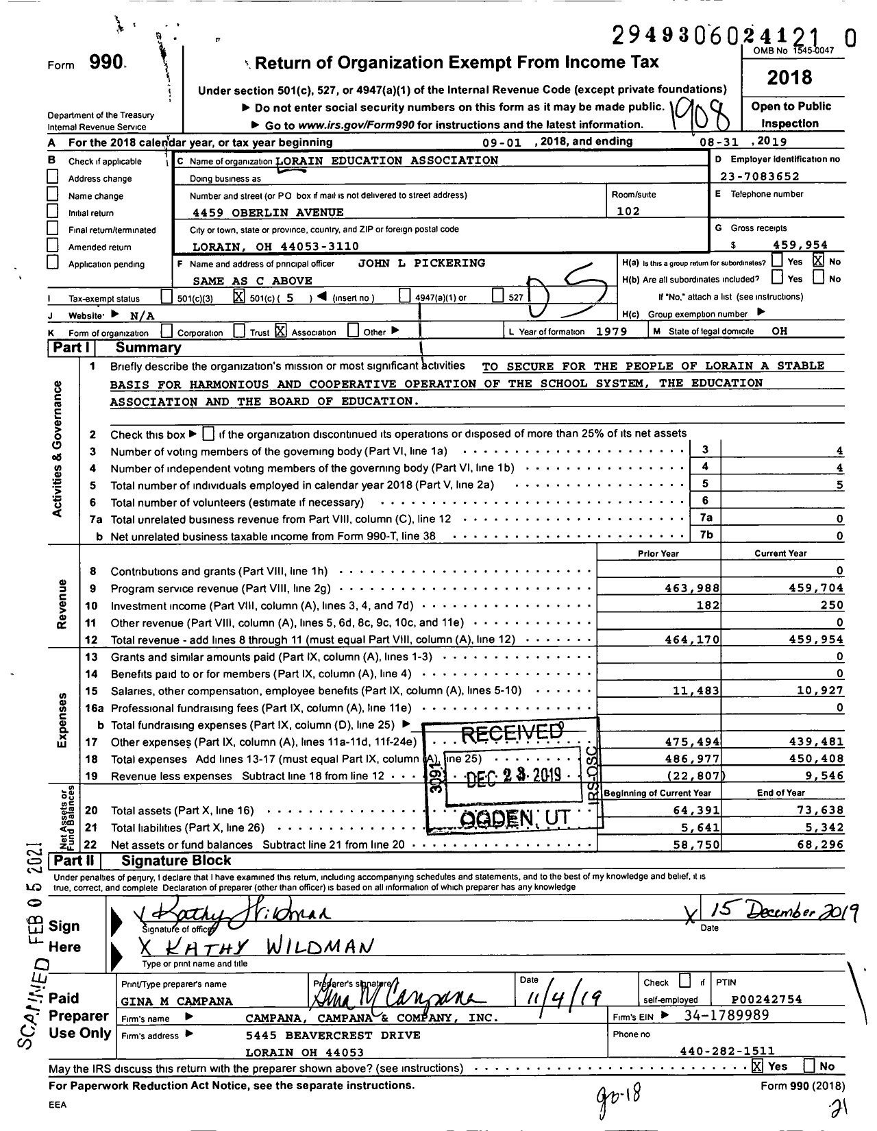 Image of first page of 2018 Form 990O for Lorain Education Association