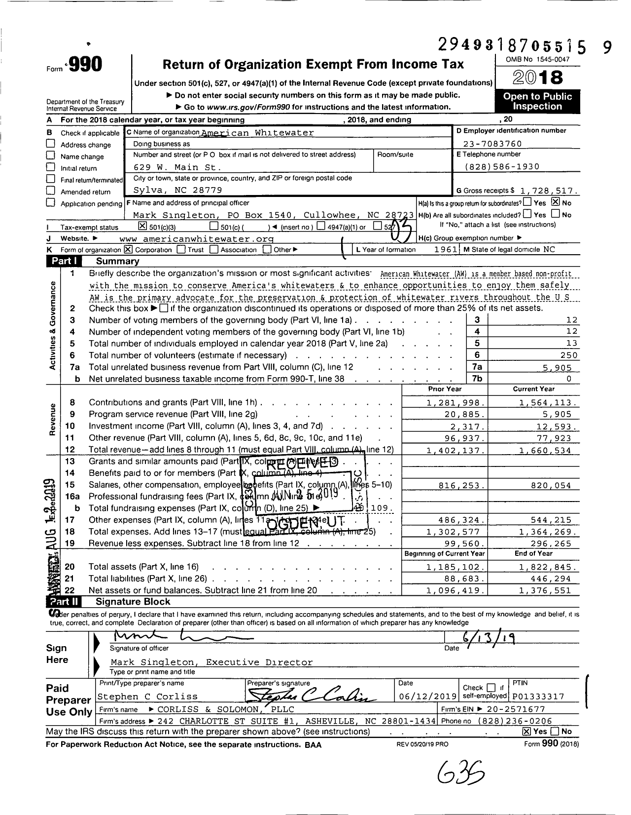 Image of first page of 2018 Form 990 for American Whitewater (AW)