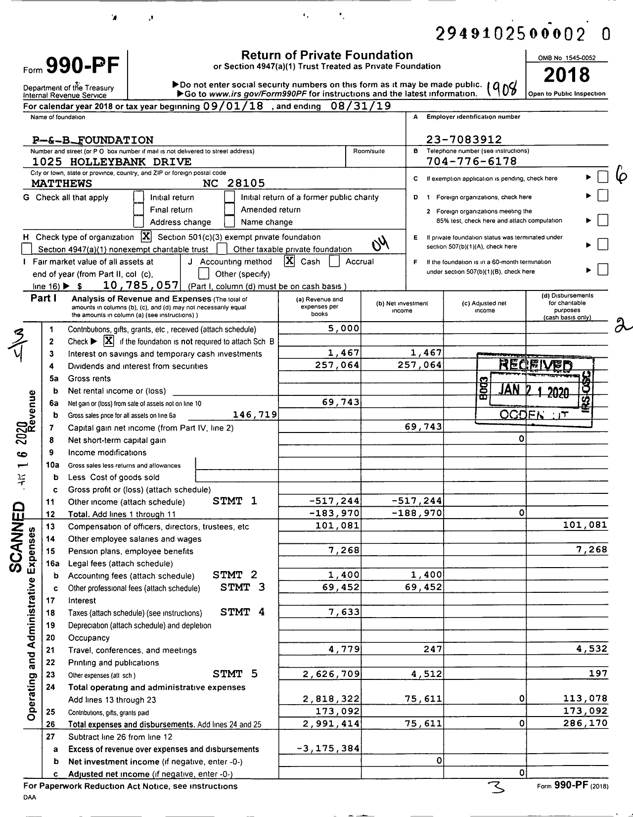 Image of first page of 2018 Form 990PR for P and B Foundation