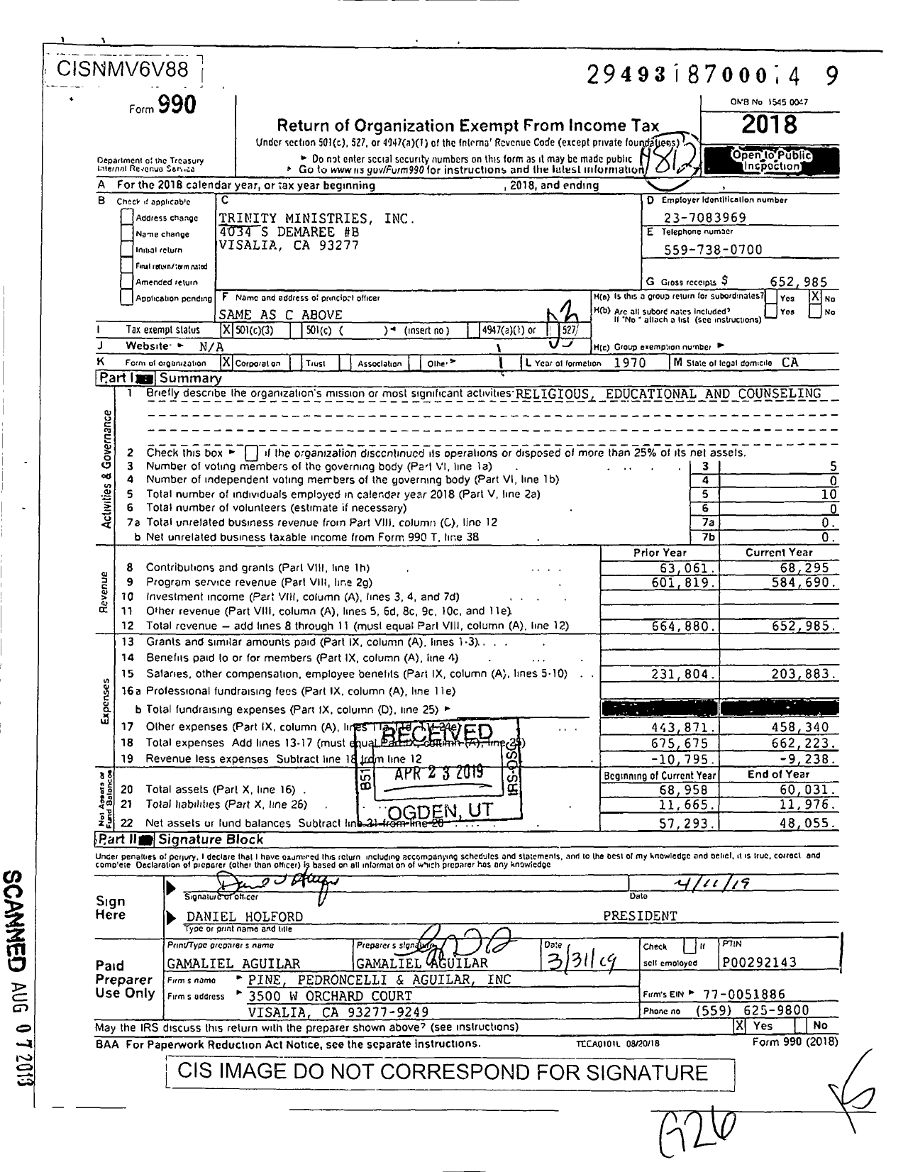Image of first page of 2018 Form 990 for Trinity Ministries