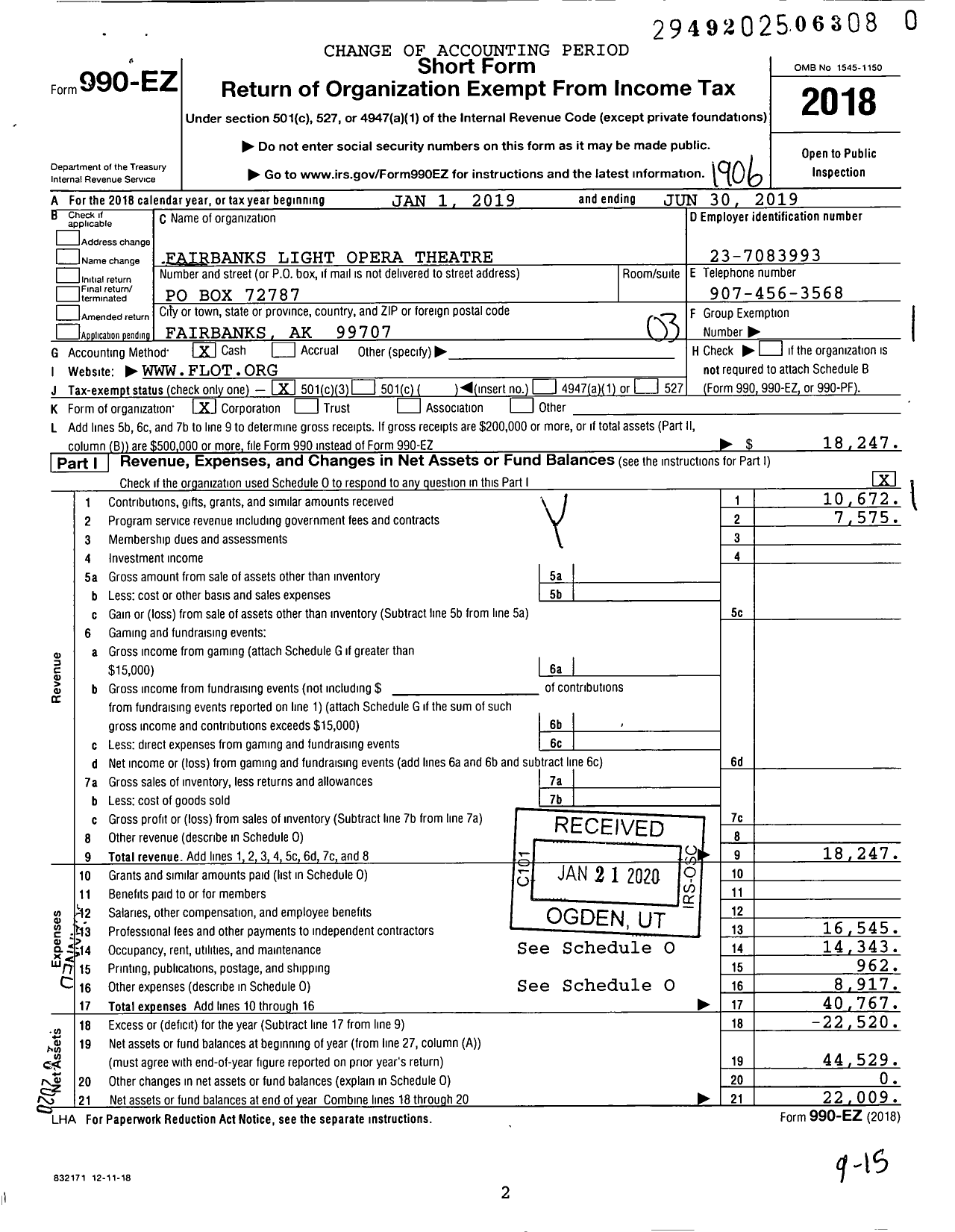 Image of first page of 2018 Form 990EZ for Fairbanks Light Opera Theatre