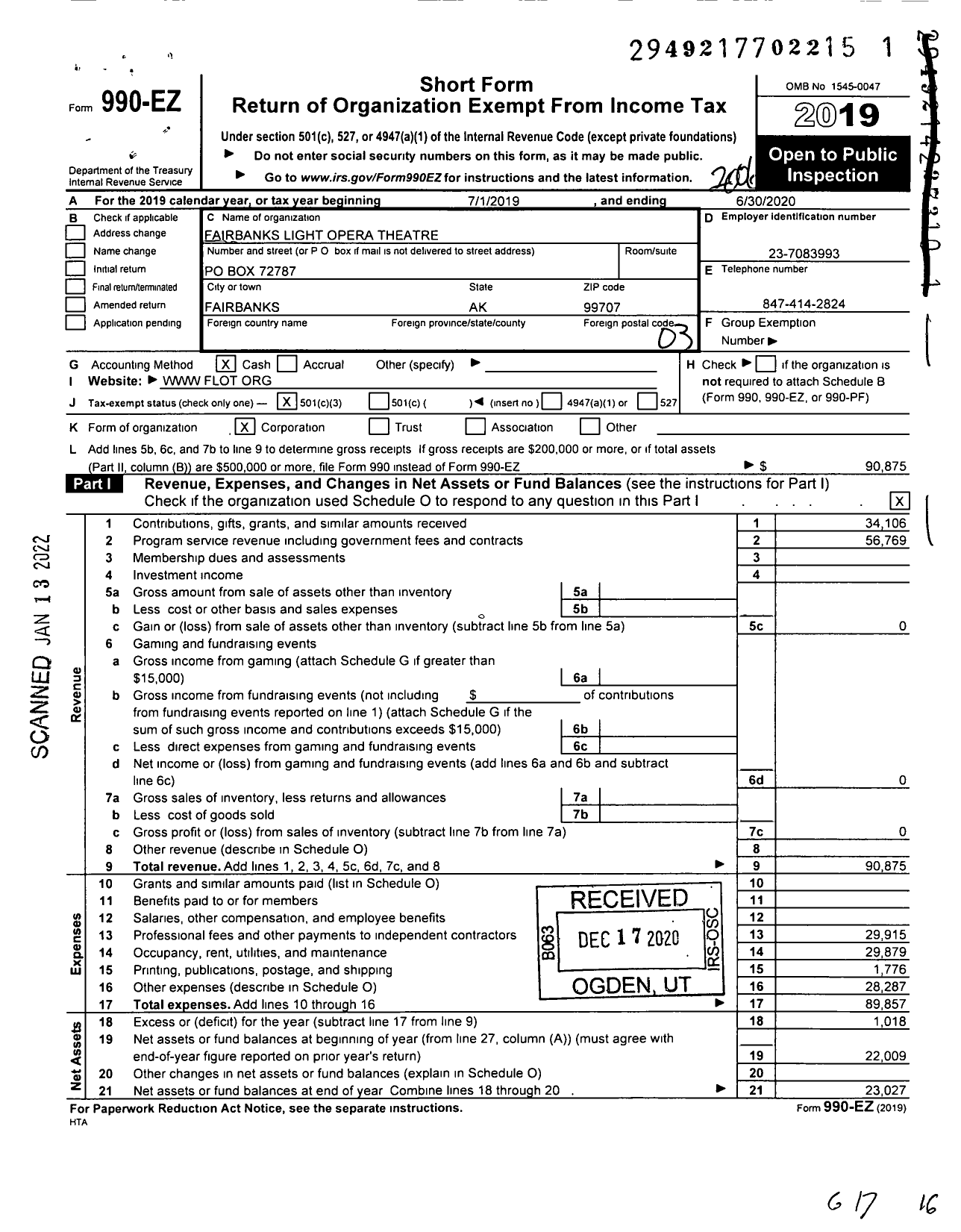 Image of first page of 2019 Form 990EZ for Fairbanks Light Opera Theatre