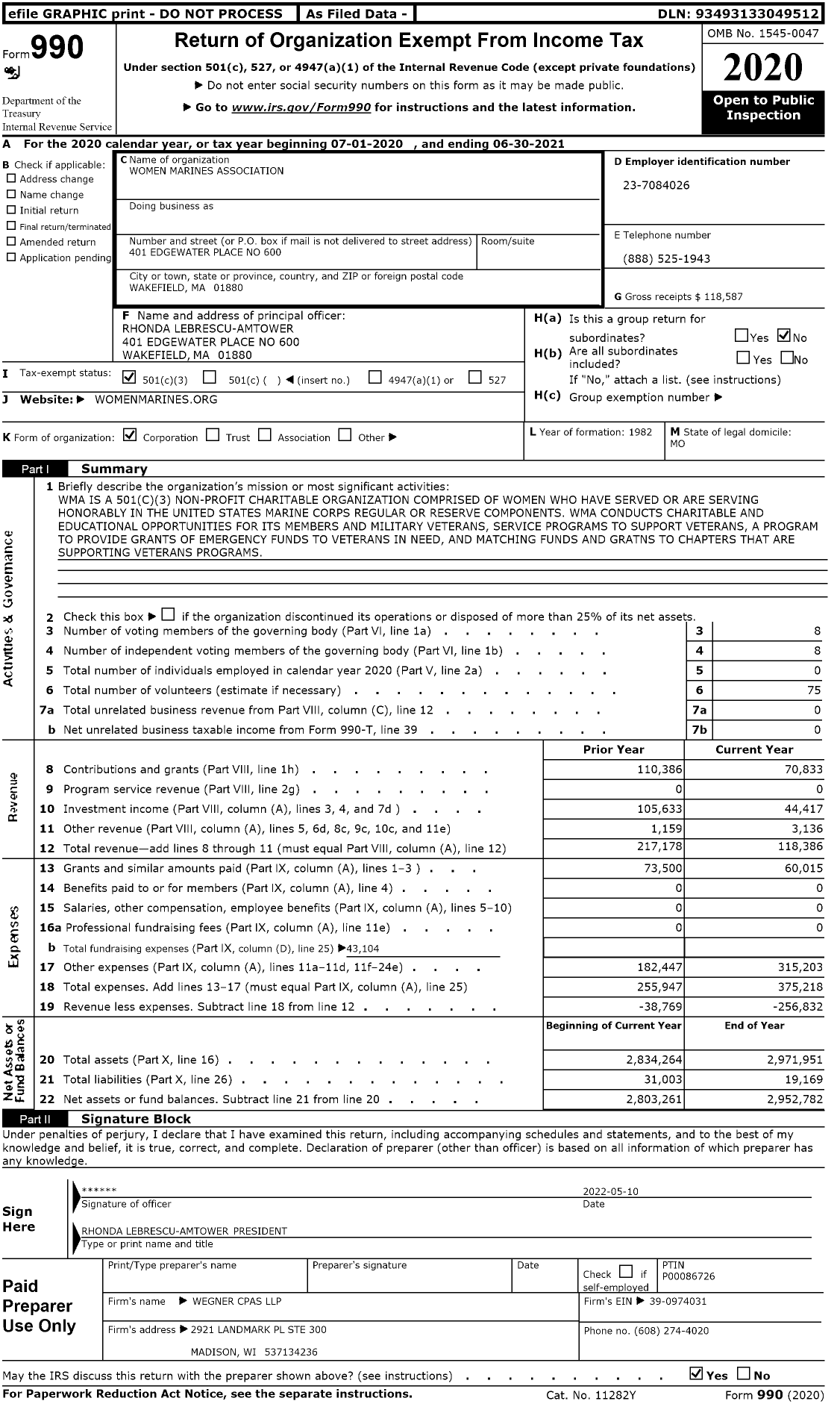 Image of first page of 2020 Form 990 for Women Marines Association