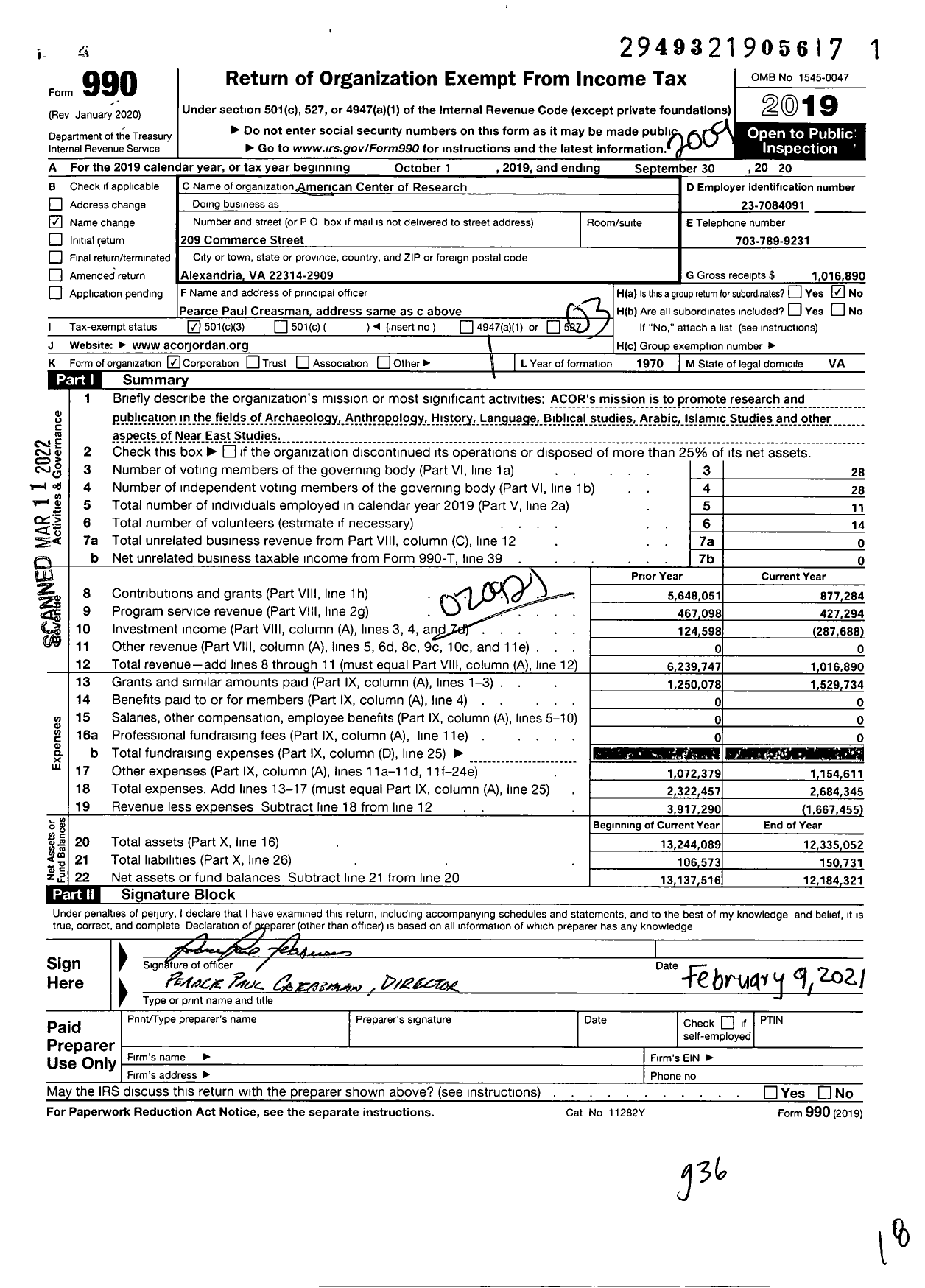 Image of first page of 2019 Form 990 for The American Center of Research Incorporated