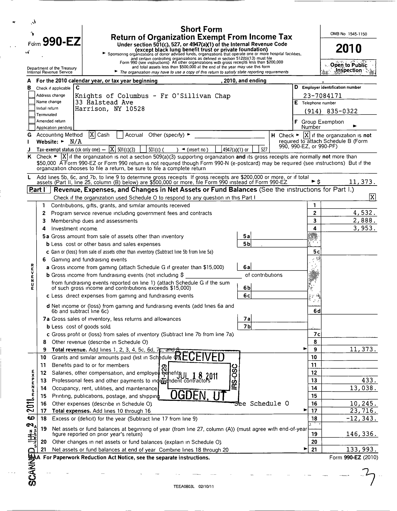 Image of first page of 2010 Form 990EZ for Knights of Columbus - 2579 F Osullivan Council