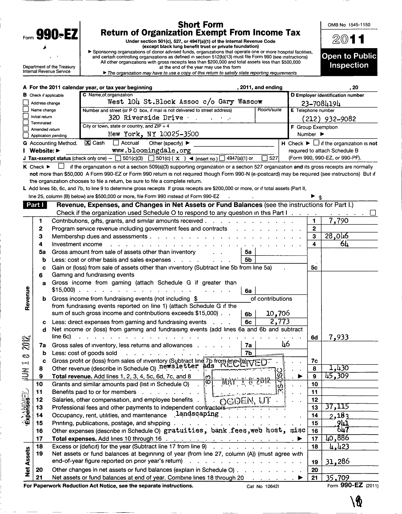 Image of first page of 2011 Form 990EO for West 104 Street Block Association