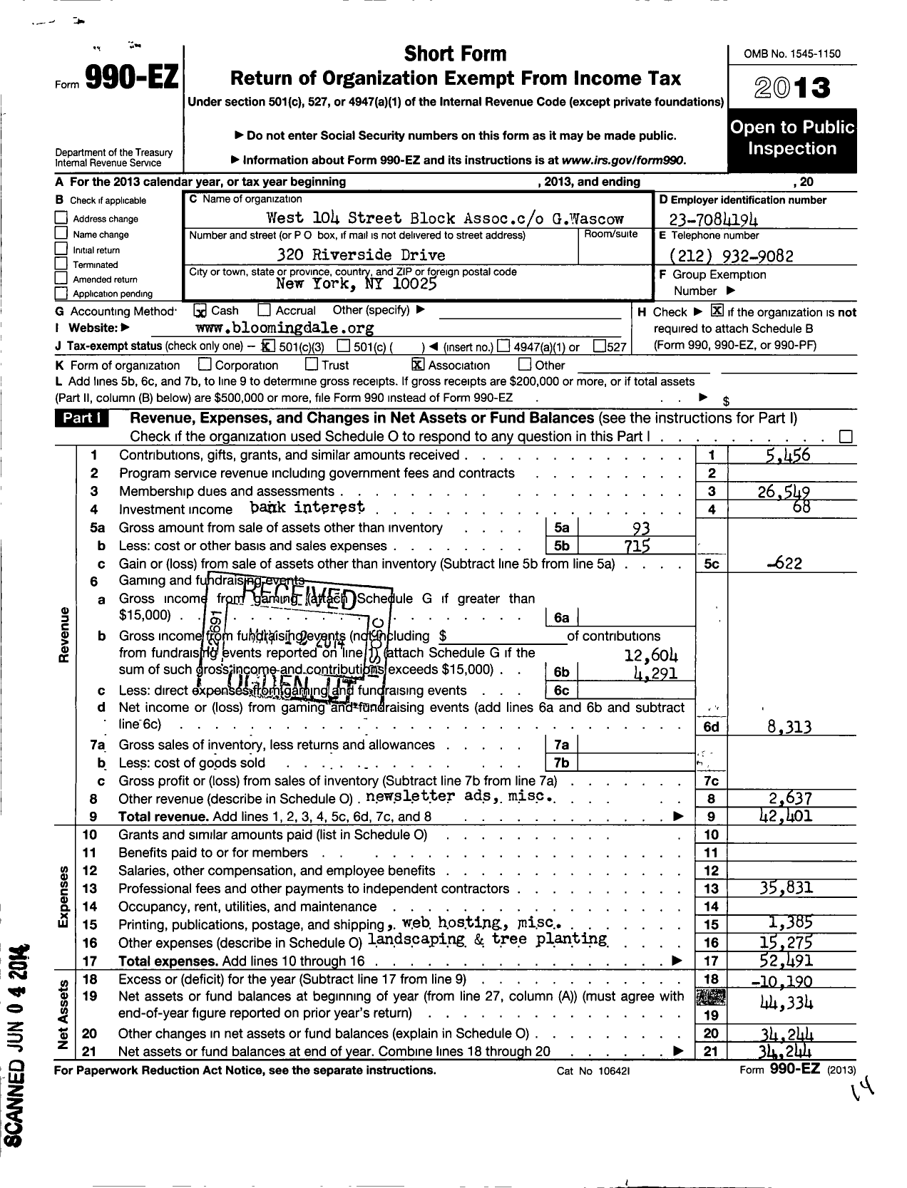 Image of first page of 2013 Form 990EZ for West 104 Street Block Association