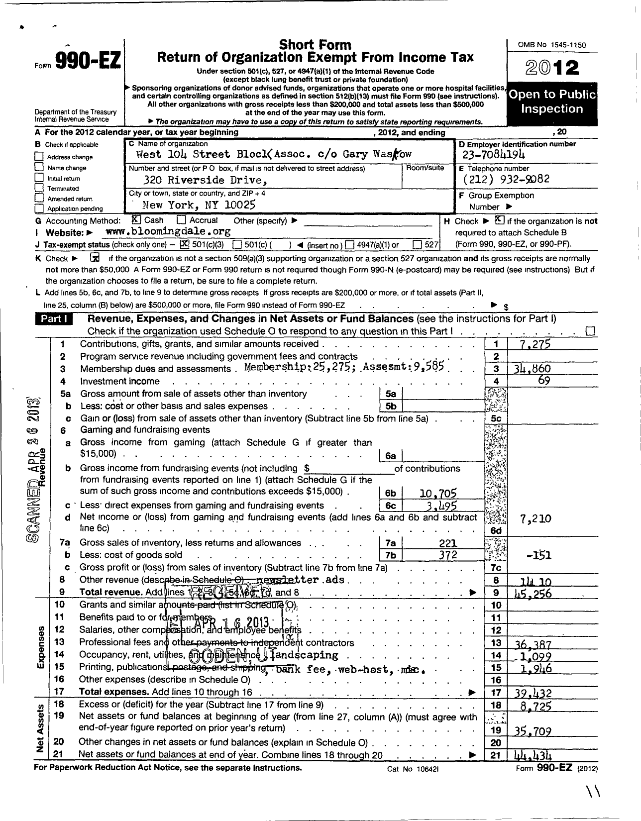 Image of first page of 2012 Form 990EZ for West 104 Street Block Association