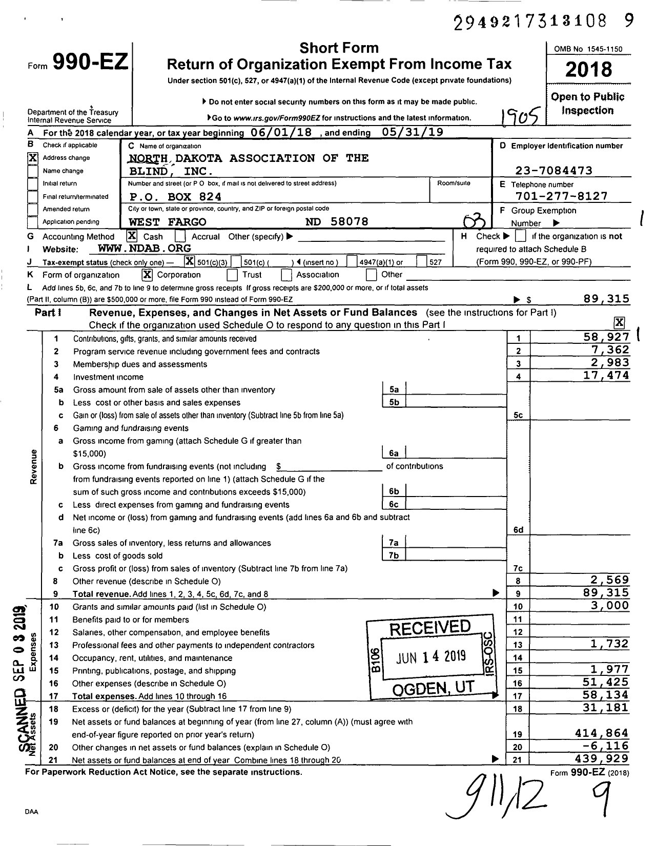 Image of first page of 2018 Form 990EZ for North Dakota Association of the Blind
