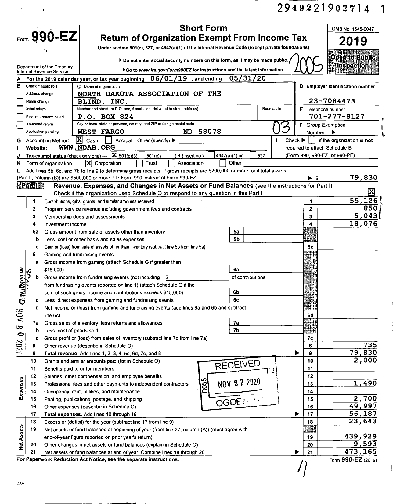 Image of first page of 2019 Form 990EZ for North Dakota Association of the Blind