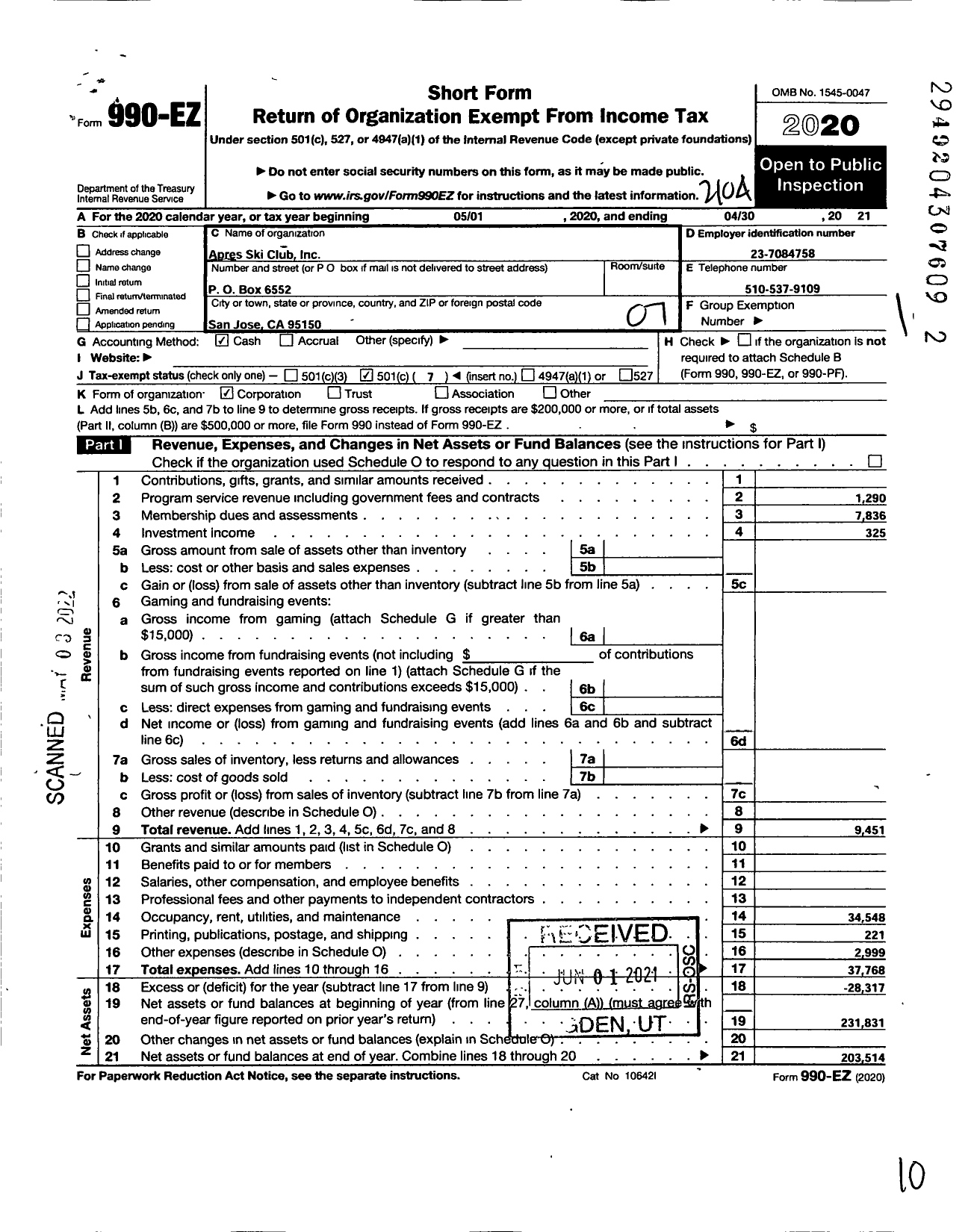 Image of first page of 2020 Form 990EO for Apres Ski Club