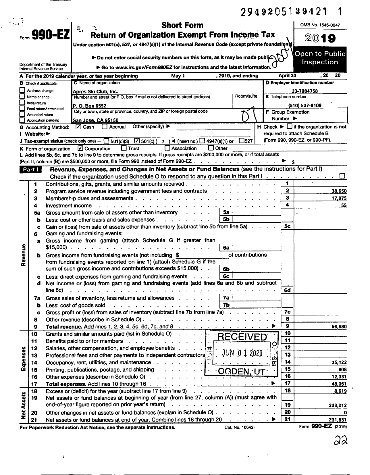 Image of first page of 2019 Form 990EO for Apres Ski Club