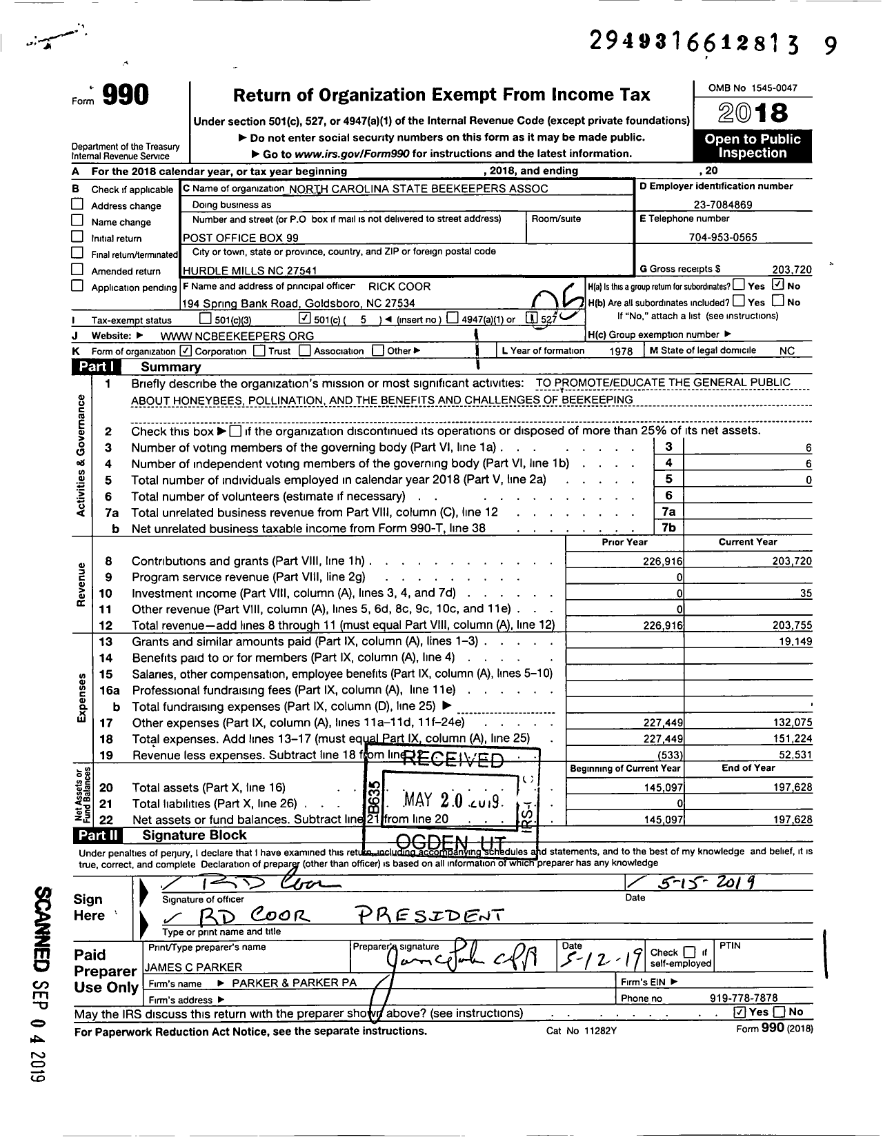 Image of first page of 2018 Form 990O for North Carolina State Beekeepers Association