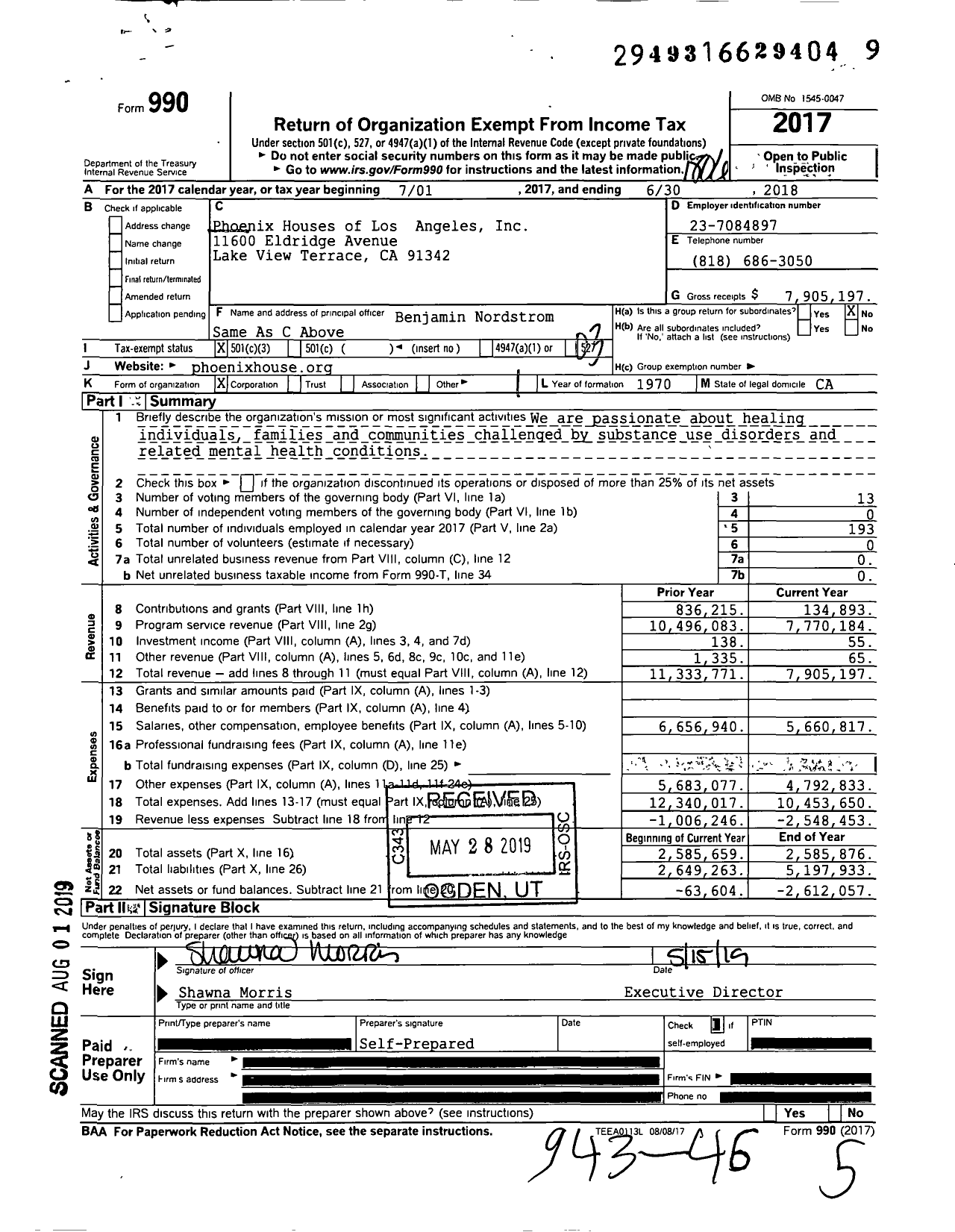 Image of first page of 2017 Form 990 for Phoenix Houses of Los Angeles