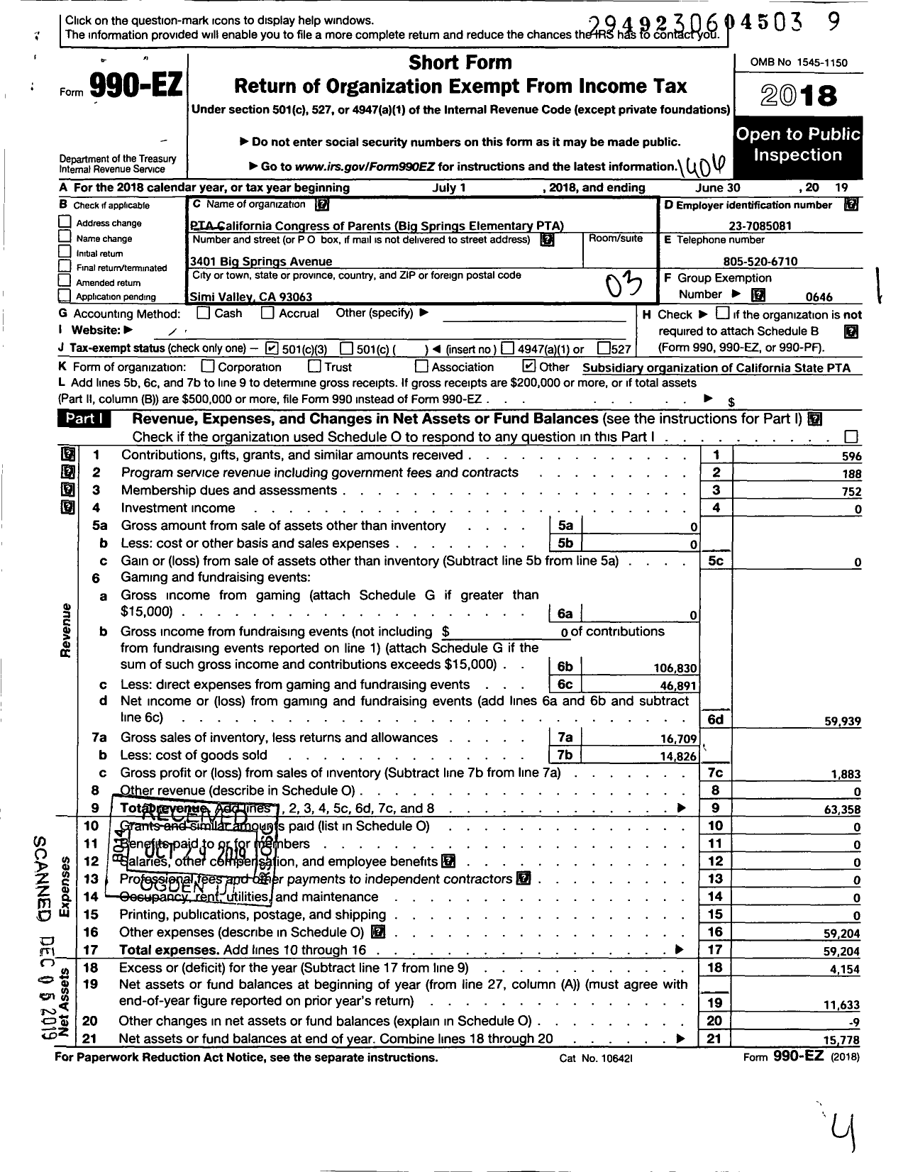 Image of first page of 2018 Form 990EZ for California State PTA - 1951 Big Springs Elementary PTA