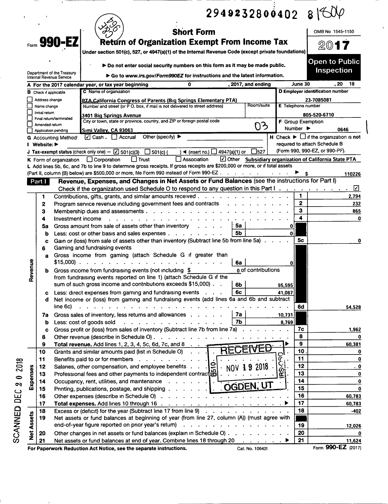 Image of first page of 2017 Form 990EZ for California State PTA - 1951 Big Springs Elementary PTA