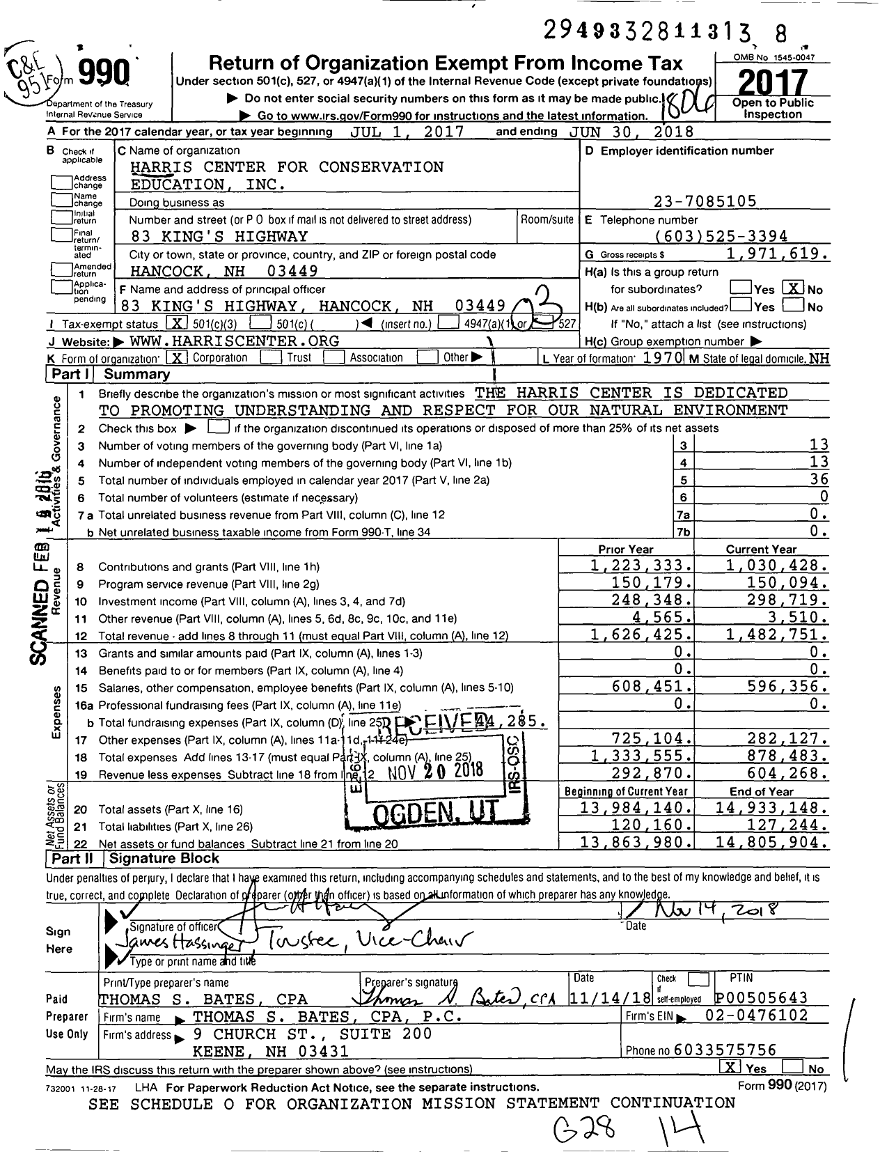 Image of first page of 2017 Form 990 for Harris Center for Conservation Education Education