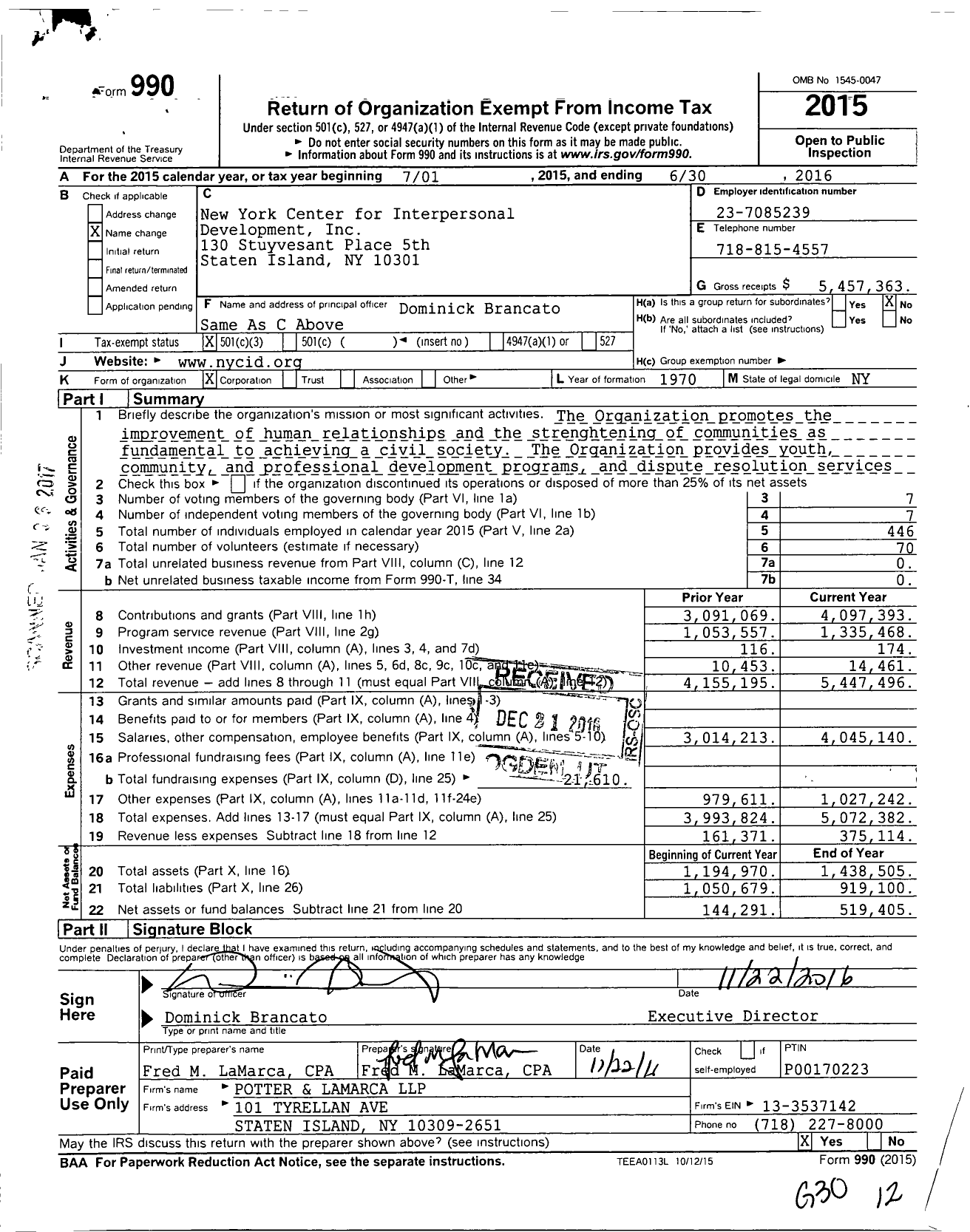 Image of first page of 2015 Form 990 for New York Center for Interpersonal Development (NYCID)