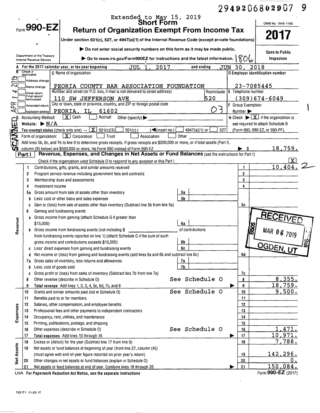 Image of first page of 2017 Form 990EZ for Peoria County Bar Association Foundation