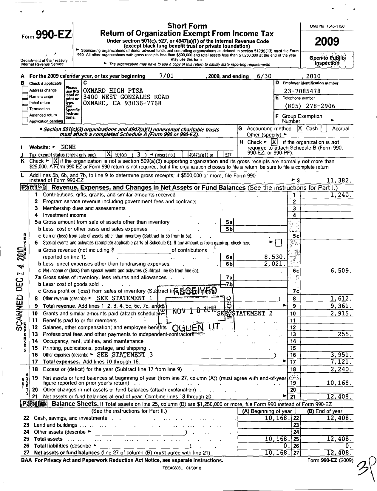 Image of first page of 2009 Form 990EZ for California State PTA - 1945 Oxnard High Ptsa