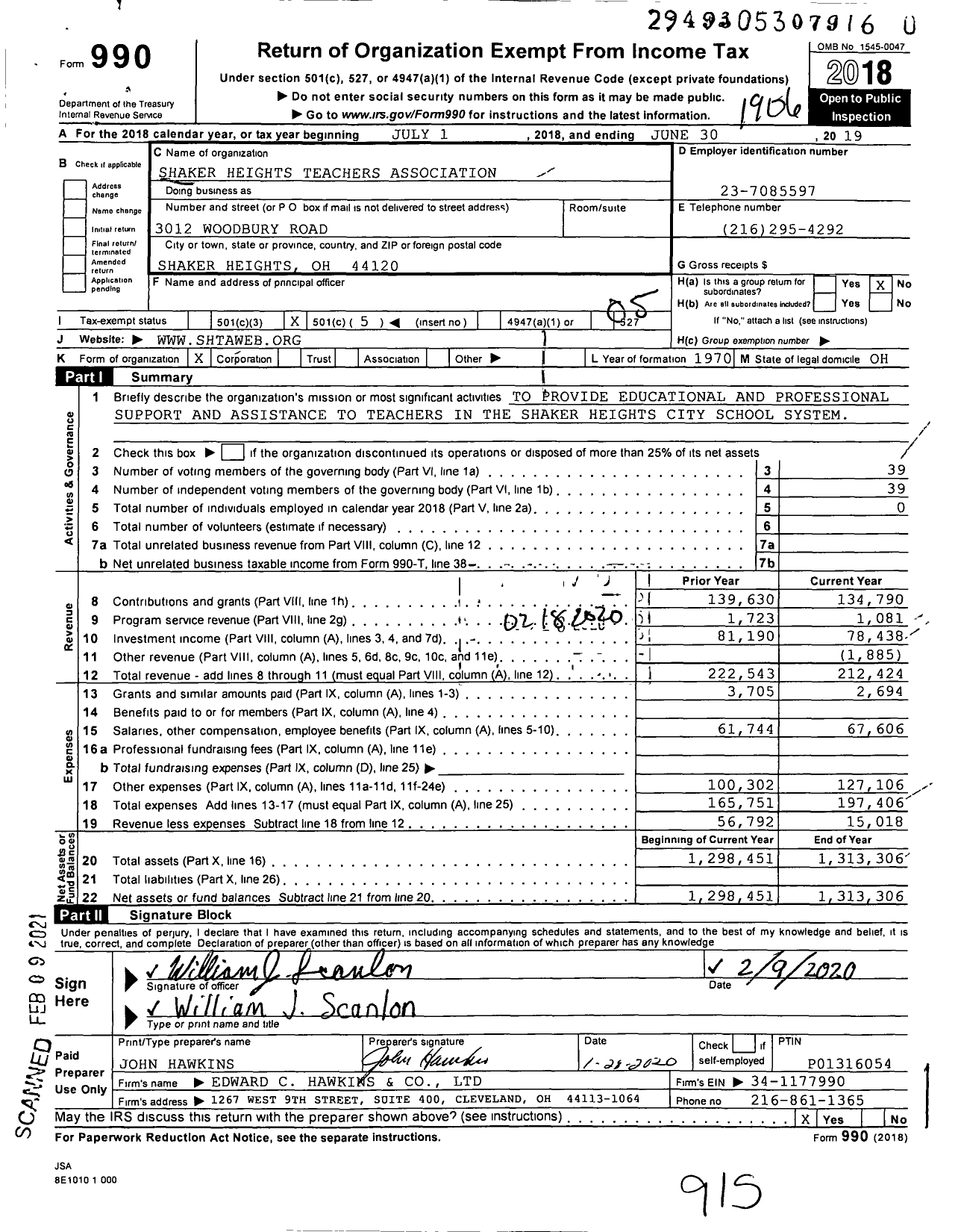 Image of first page of 2018 Form 990O for Shaker Heights Teachers Association